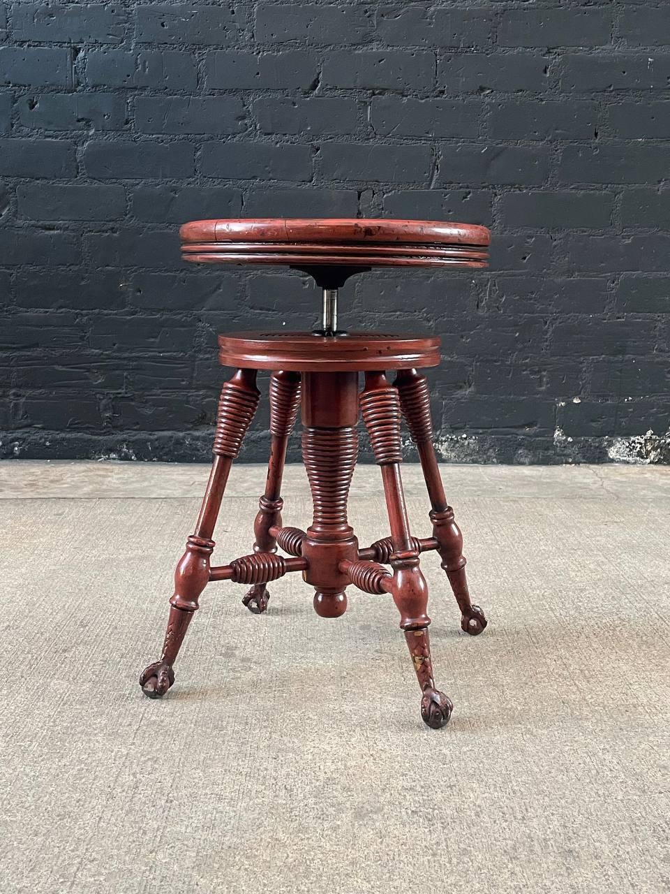 Mid-Century Modern Antique Height Adjustable Piano Stool with Claw Feet For Sale