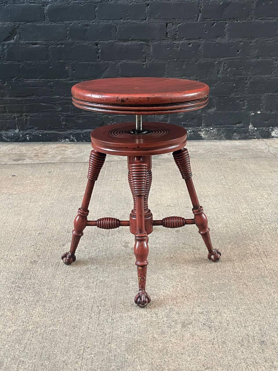 American Antique Height Adjustable Piano Stool with Claw Feet For Sale