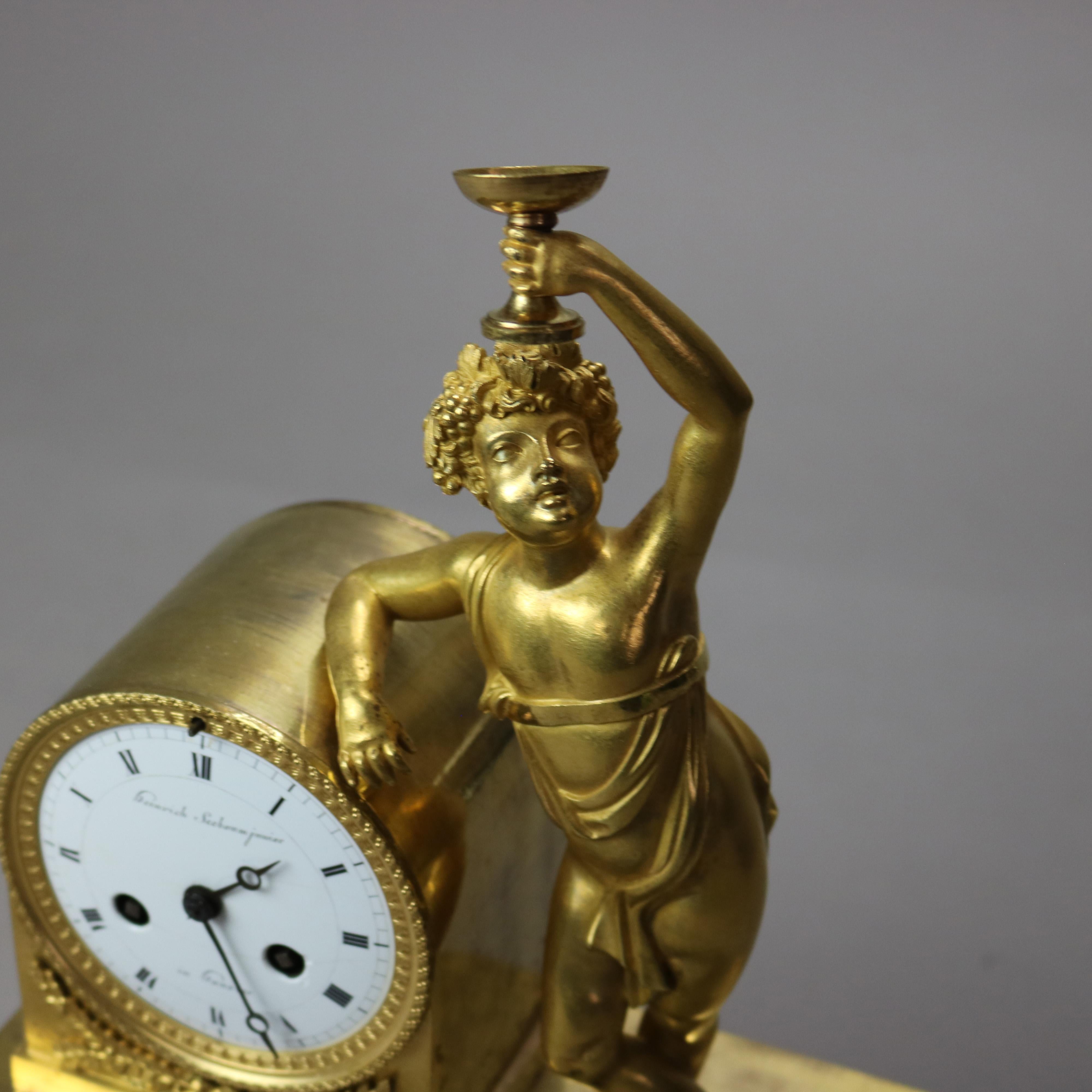 Cast Antique Heinrich Seebaum Junior French Empire Figural Gilt Bronze Clock c1830