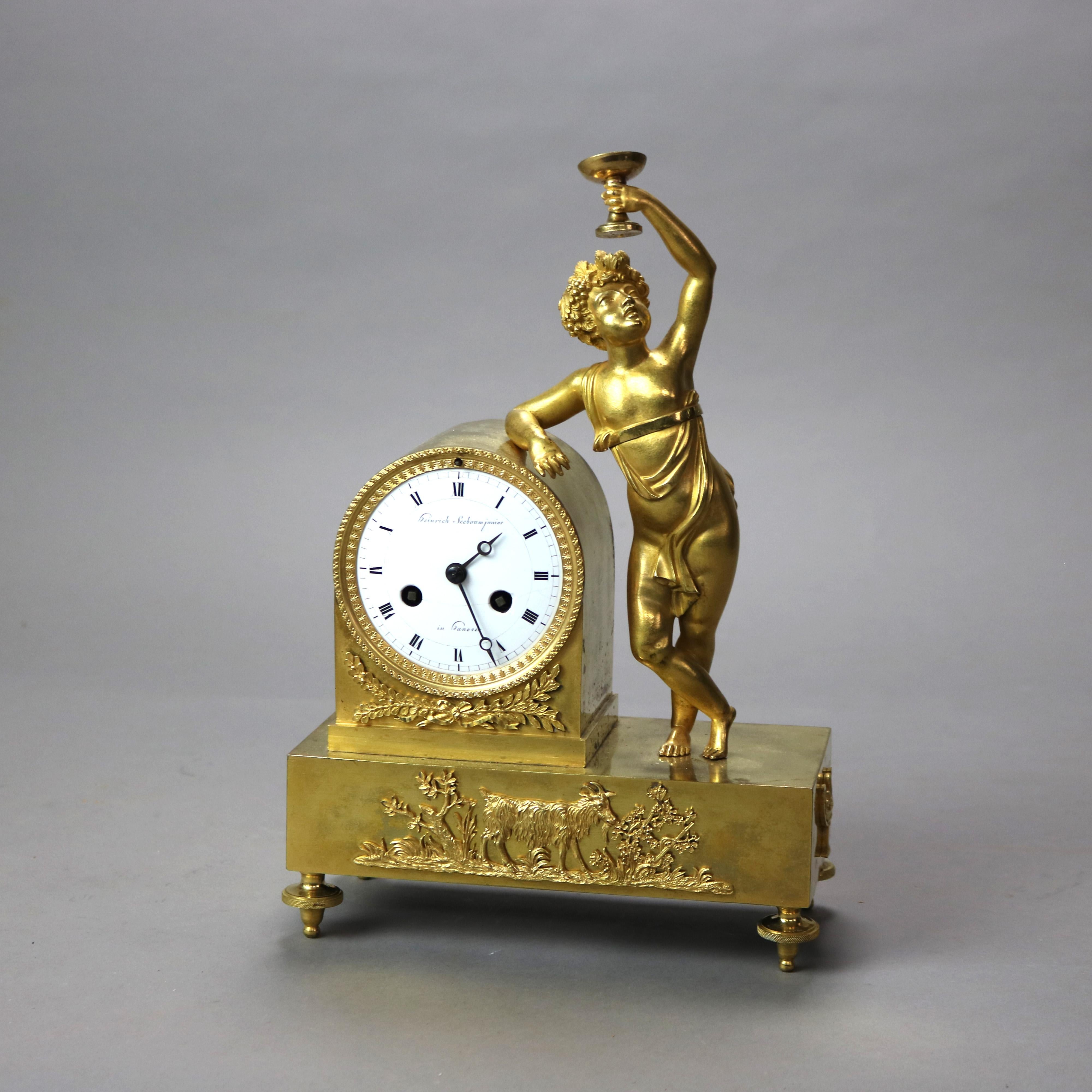 Antique Heinrich Seebaum Junior French Empire Figural Gilt Bronze Clock c1830 In Good Condition In Big Flats, NY