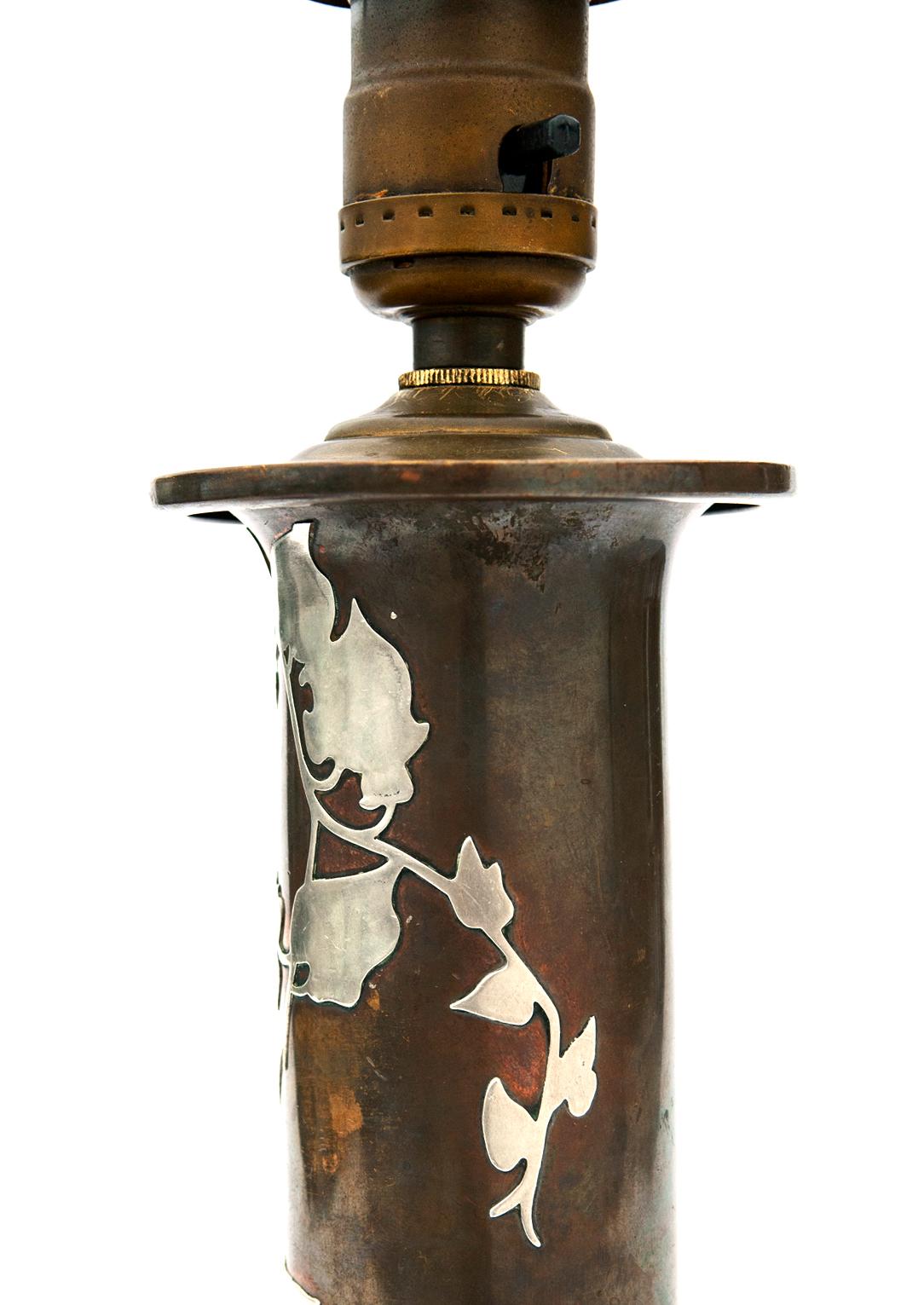Antique Heintz Bronze & Sterling Silver Table Lamp In Good Condition For Sale In Malibu, CA