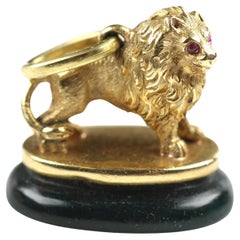 Antique Heliotrope Seal Fob Pendant with 18K Gold Lion