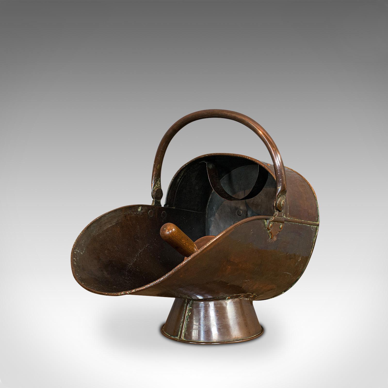 British Antique Helmet Coal Scuttle, English, Copper, Fireside Bucket, Victorian, 1870