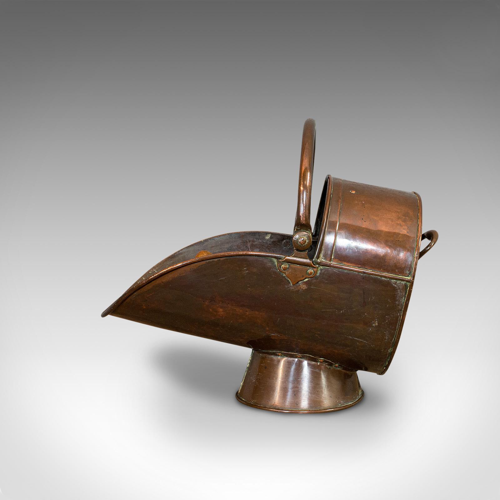 19th Century Antique Helmet Coal Scuttle, English, Copper, Fireside Bucket, Victorian, 1870