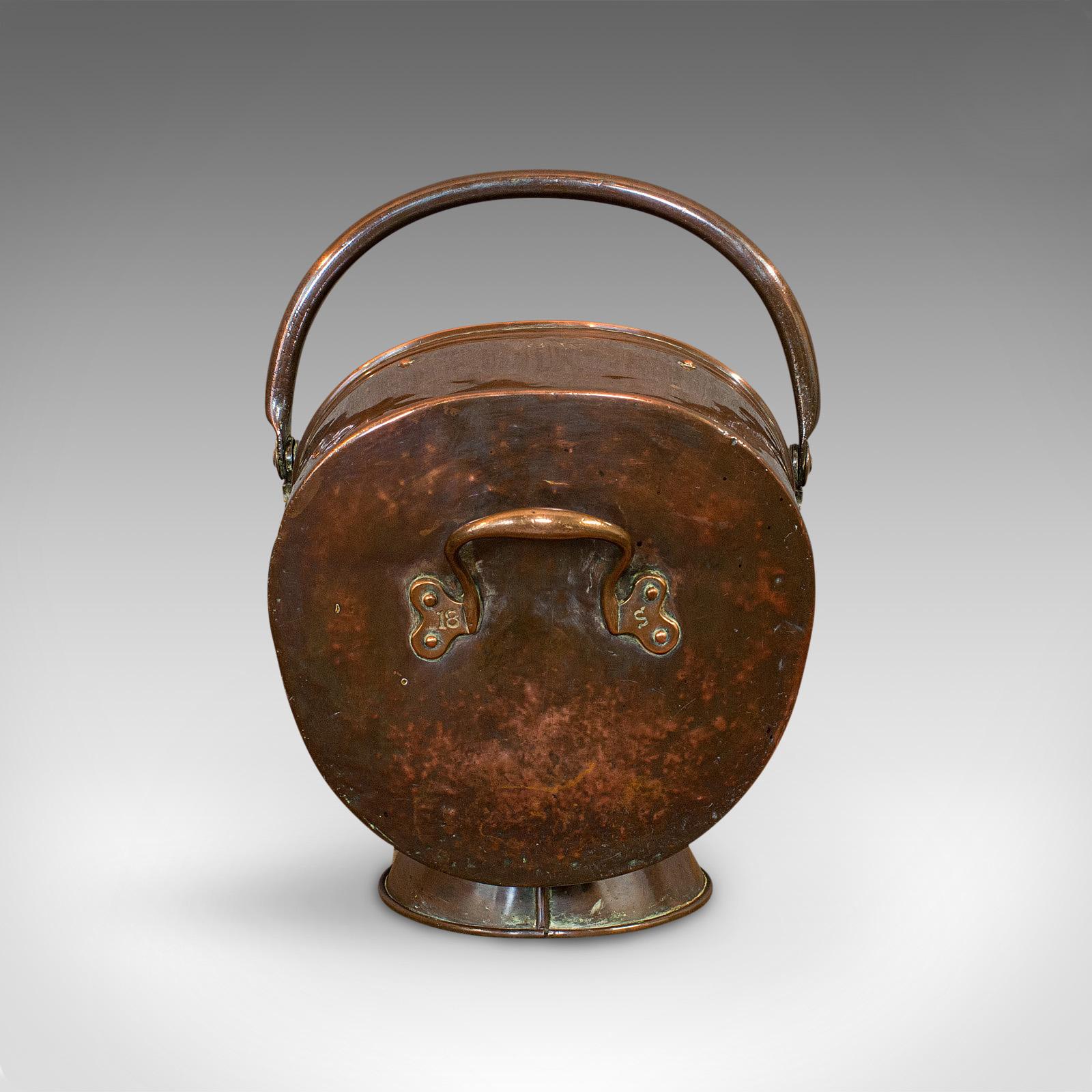 Antique Helmet Coal Scuttle, English, Copper, Fireside Bucket, Victorian, 1870 1