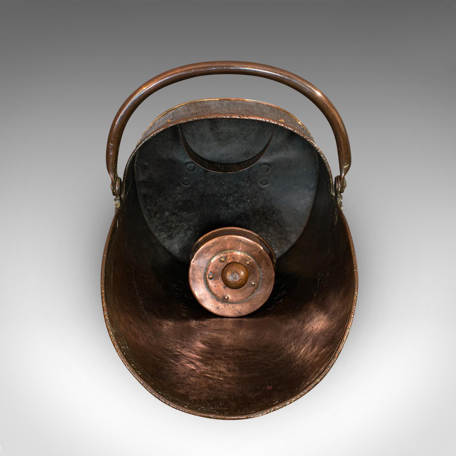 Antique Helmet Coal Scuttle, English, Copper, Fireside Bucket, Victorian, 1870 3