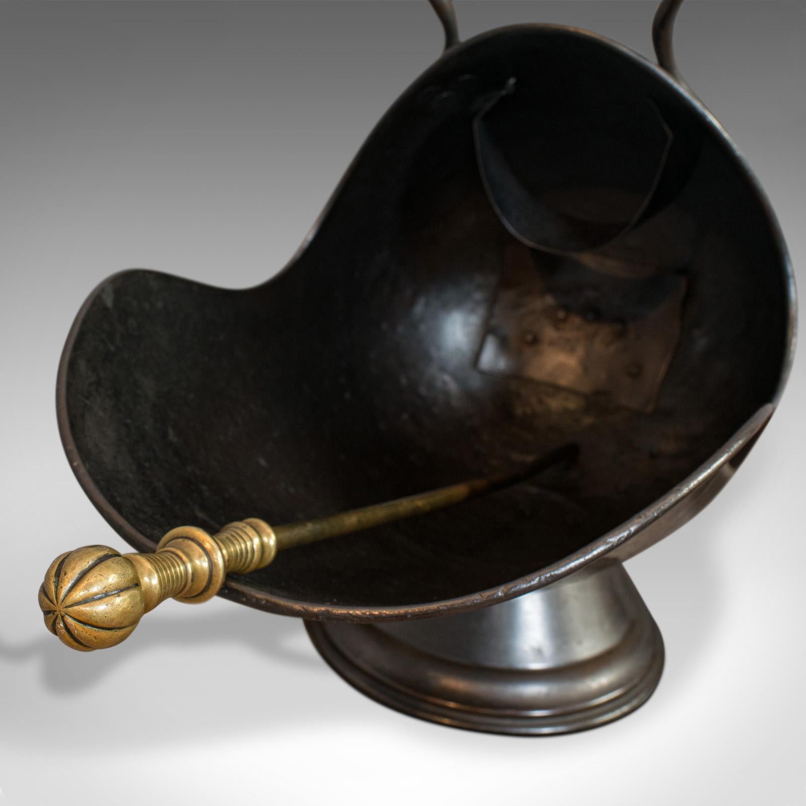 Antique Helmet Coal Scuttle, English, Copper, Fireside, Log Bucket, Victorian 6