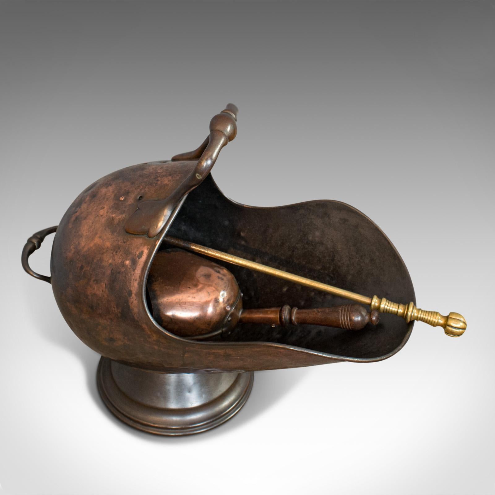Brass Antique Helmet Coal Scuttle, English, Copper, Fireside, Log Bucket, Victorian