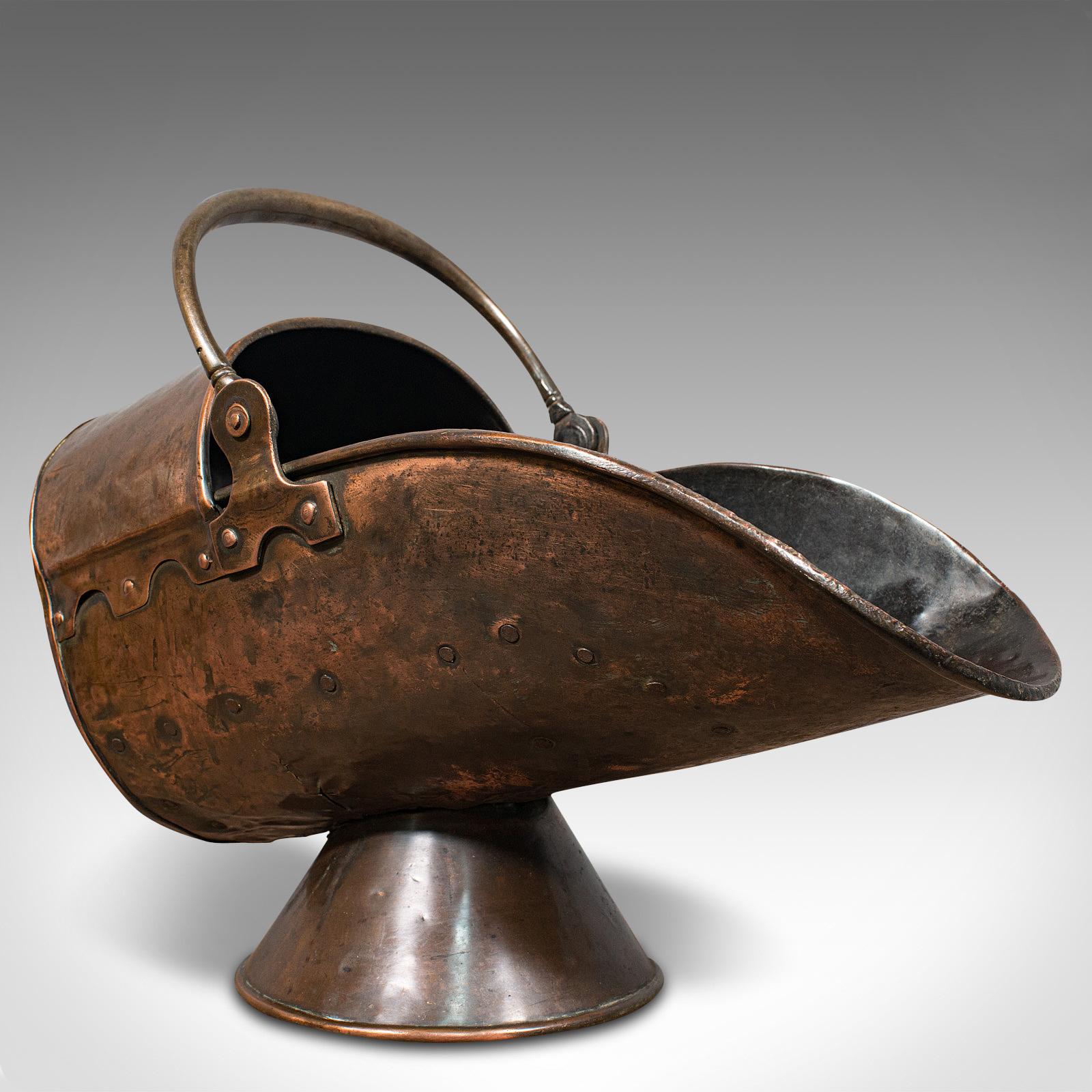 Antique Helmet Fire Basket, Copper, Coal Scuttle, Fireside, Bin, Victorian, 1880 3