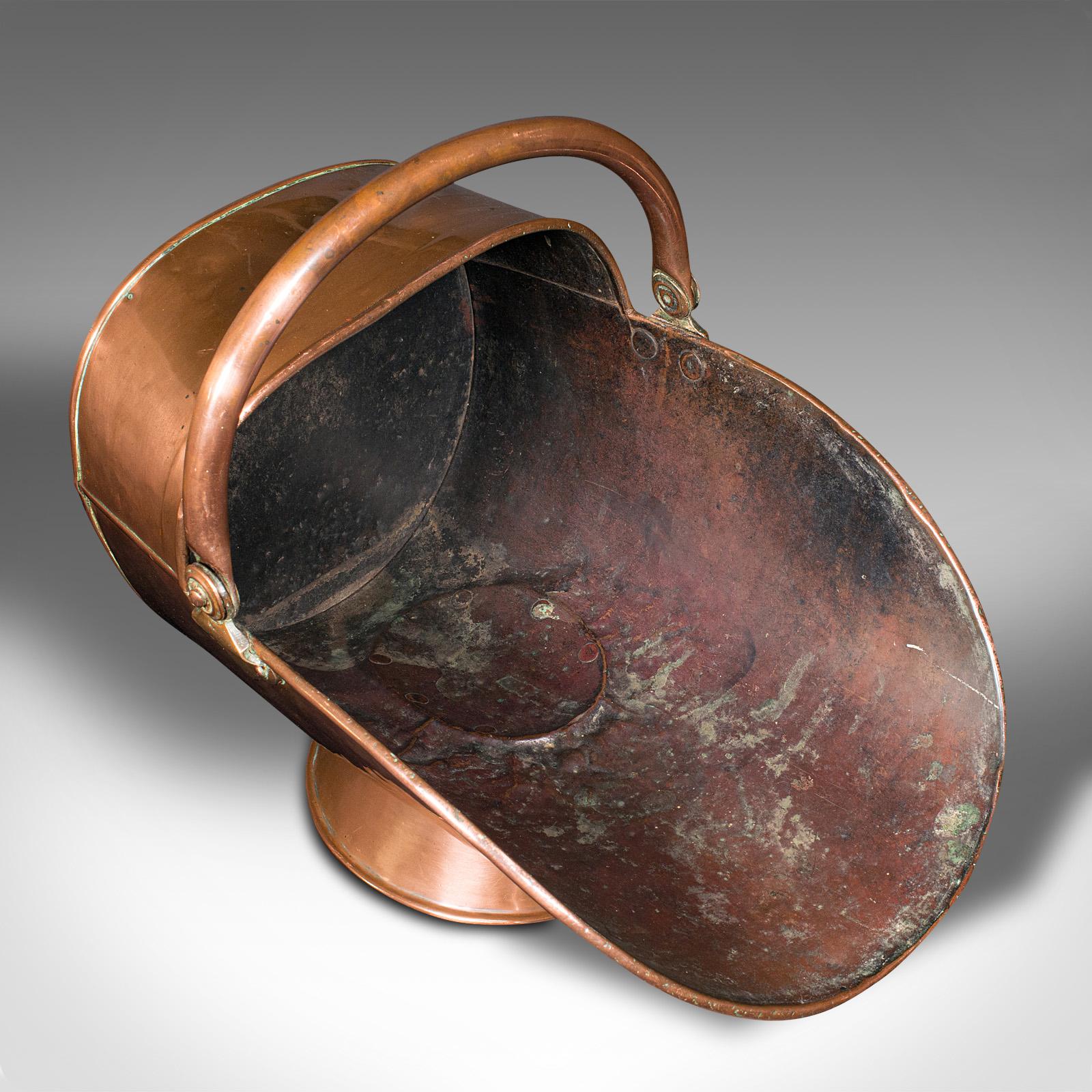 Late Victorian Antique Helmet Fire Bucket, English Copper Coal Scuttle, Fireside Bin, Victorian For Sale