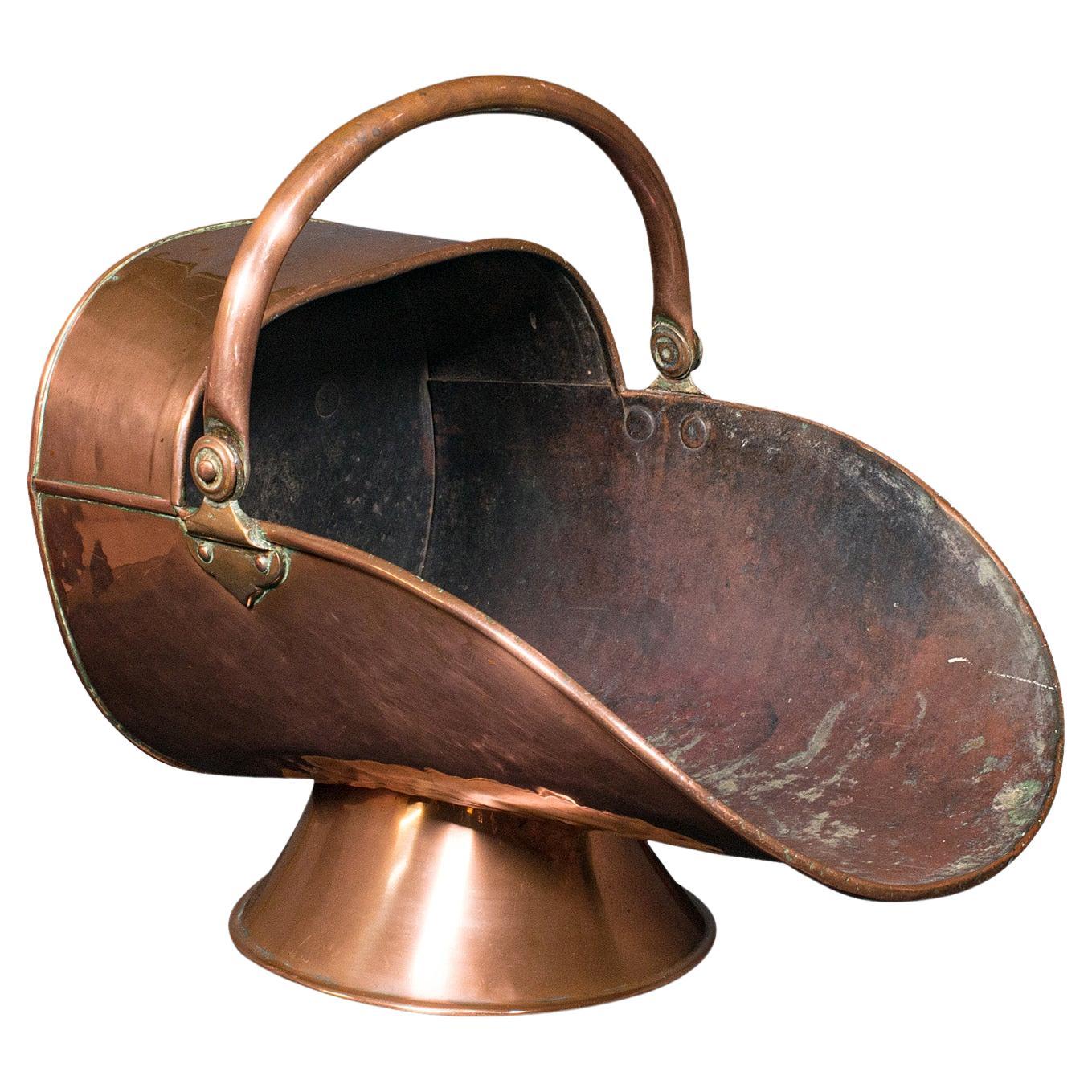 Antique Helmet Fire Bucket, English Copper Coal Scuttle, Fireside Bin, Victorian For Sale
