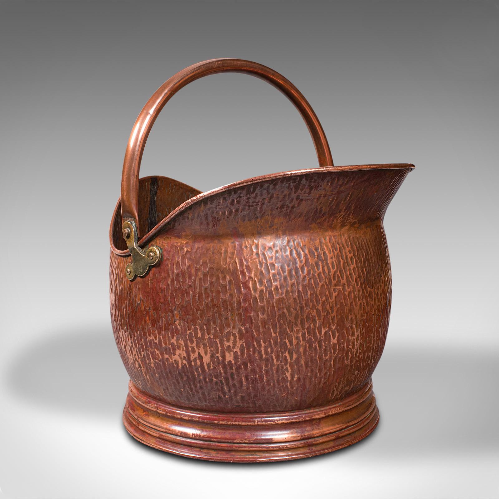 British Antique Helmet Scuttle, Copper, Coal, Bucket, Fireside, Bin, Edwardian, C.1910