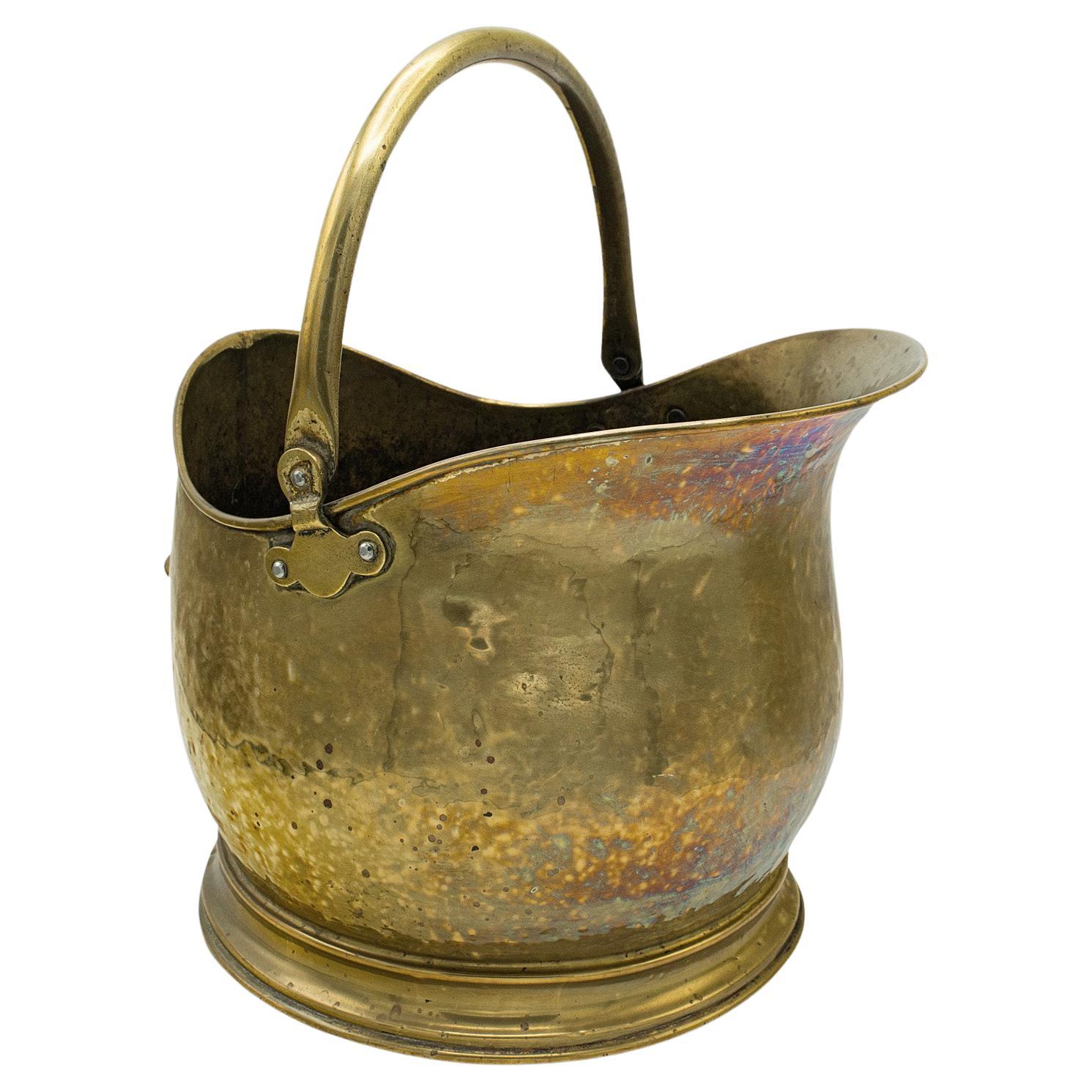 Antique Helmet Scuttle, English, Brass, Coal Bucket, Fireside Bin, Victorian For Sale