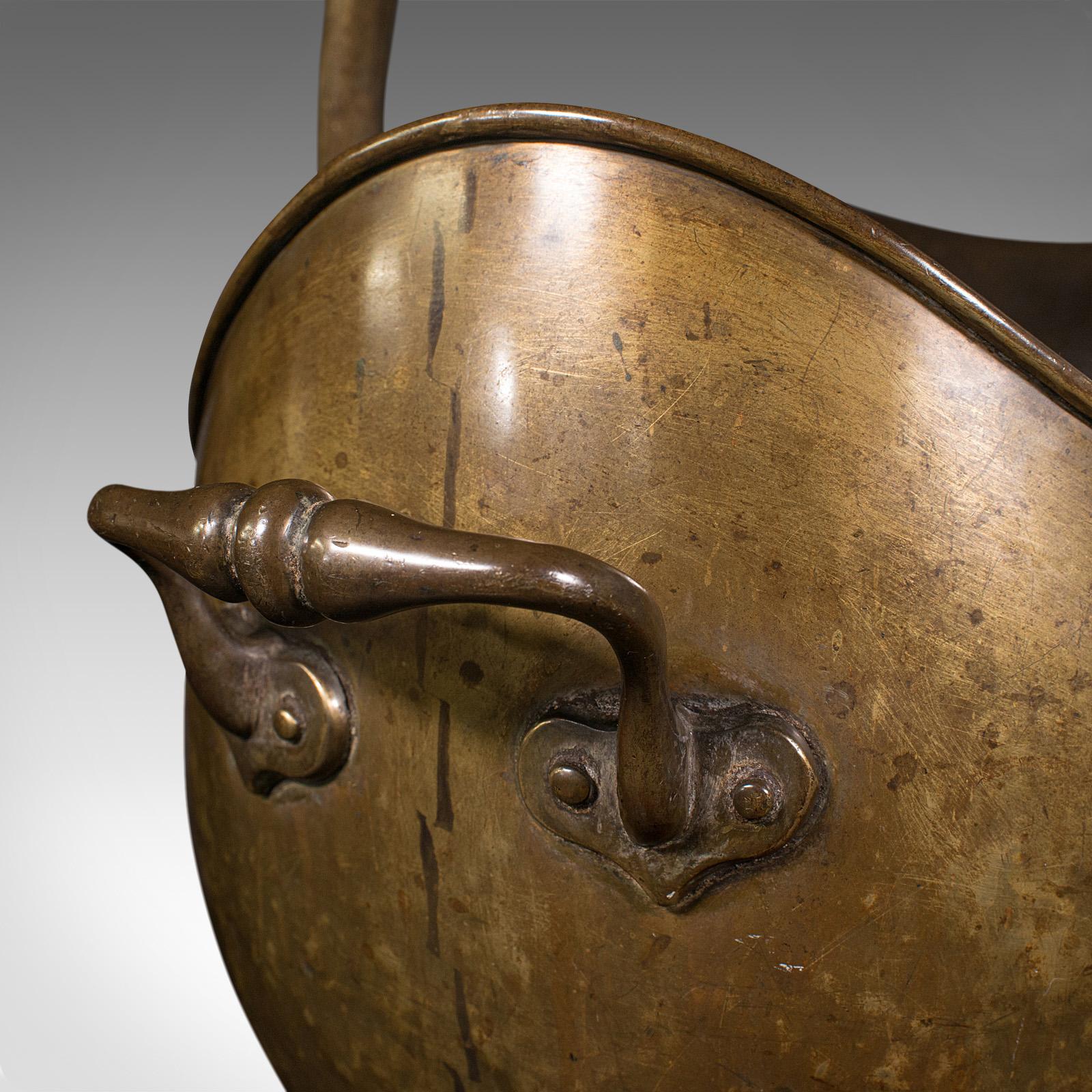 Antique Helmet Scuttle, English, Brass, Fireside, Coal, Log Bin, Victorian, 1880 For Sale 5