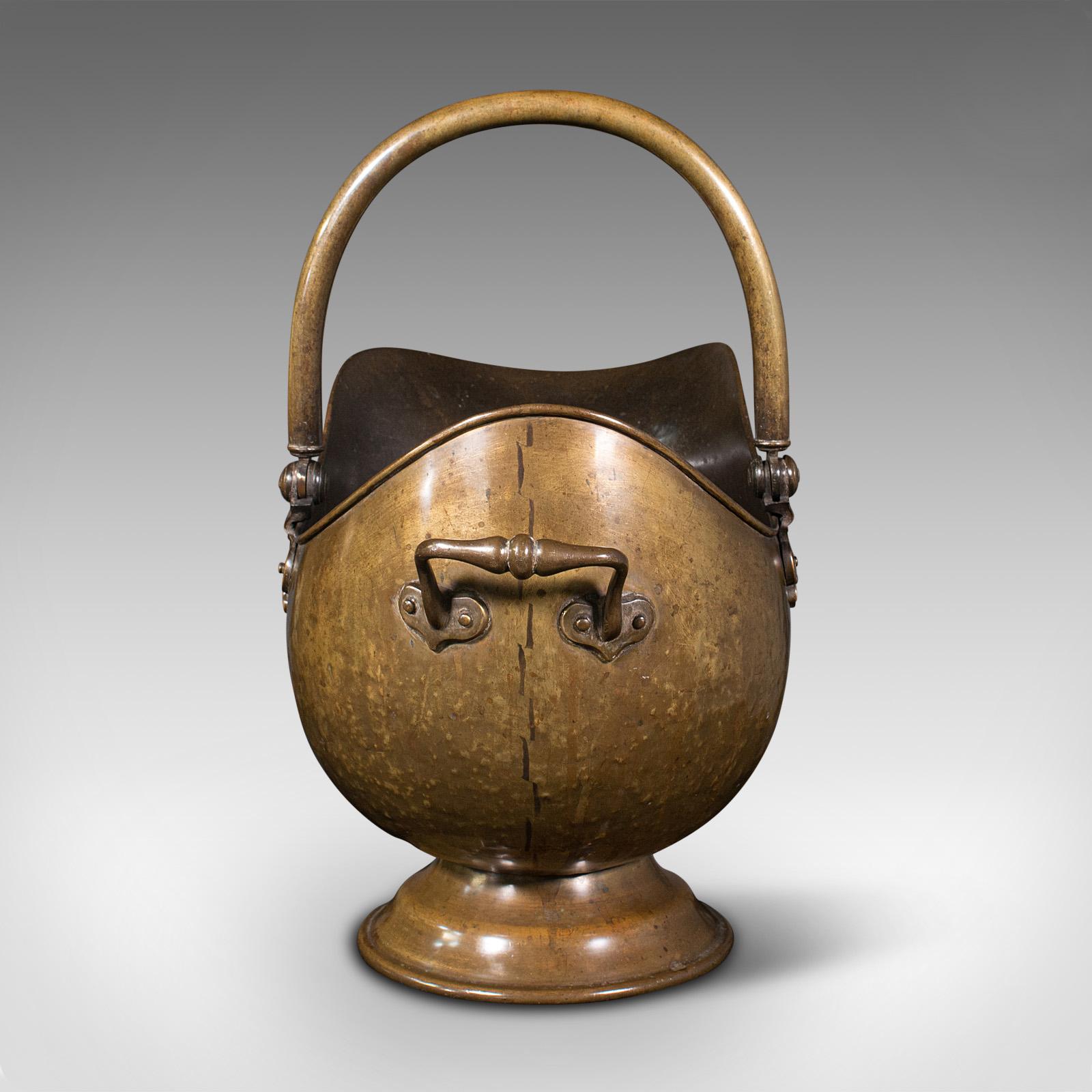 19th Century Antique Helmet Scuttle, English, Brass, Fireside, Coal, Log Bin, Victorian, 1880 For Sale