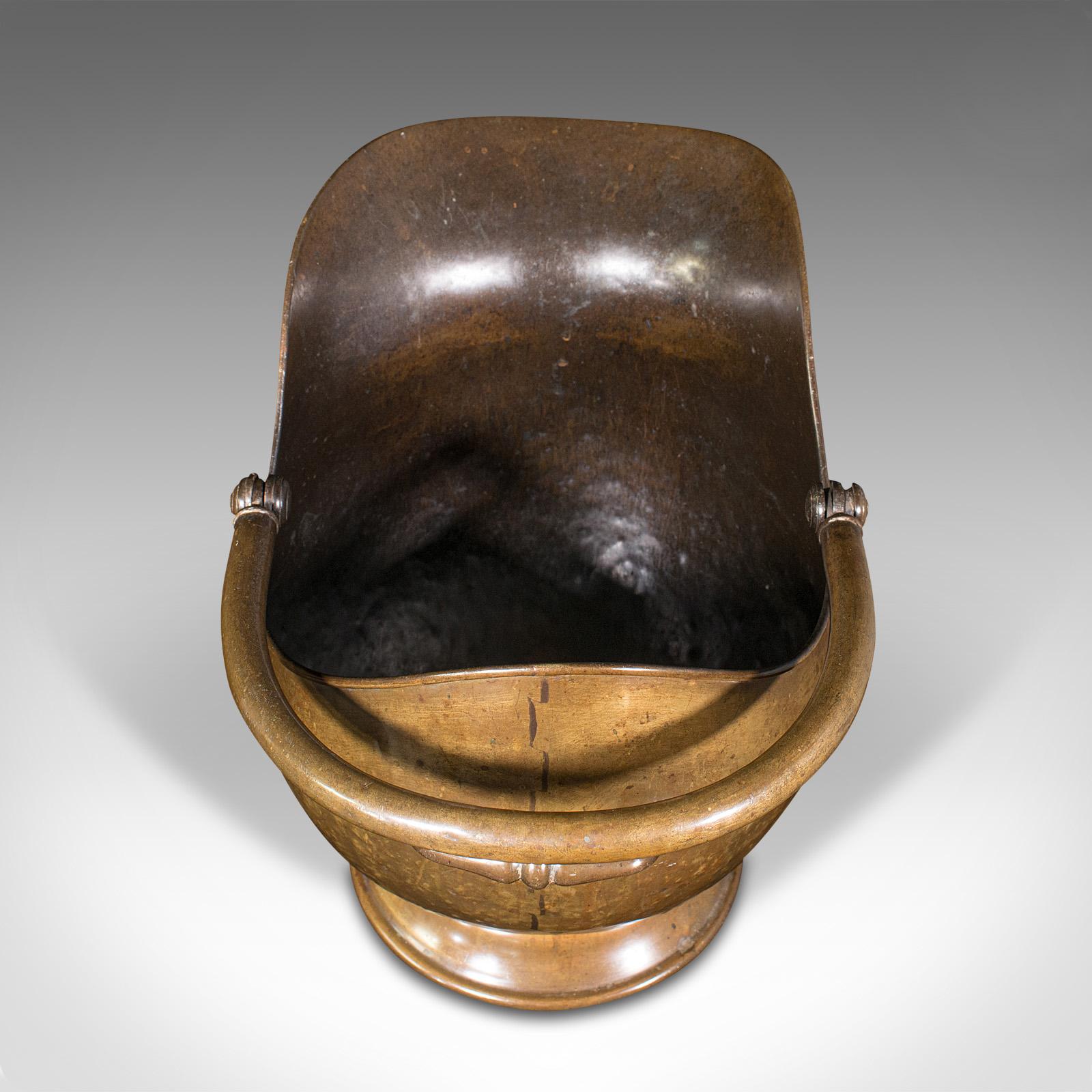 Antique Helmet Scuttle, English, Brass, Fireside, Coal, Log Bin, Victorian, 1880 For Sale 2