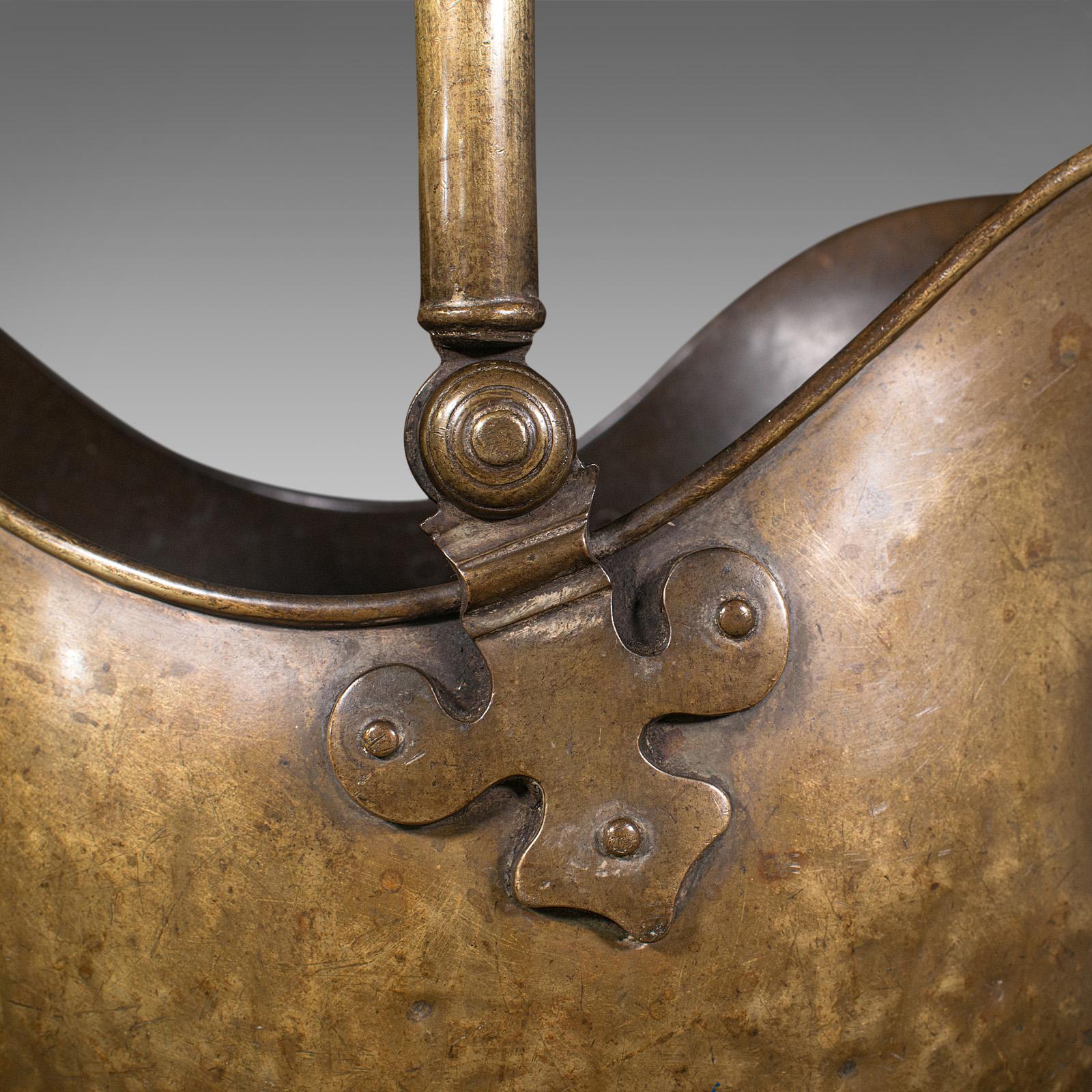 Antique Helmet Scuttle, English, Brass, Fireside, Coal, Log Bin, Victorian, 1880 For Sale 4
