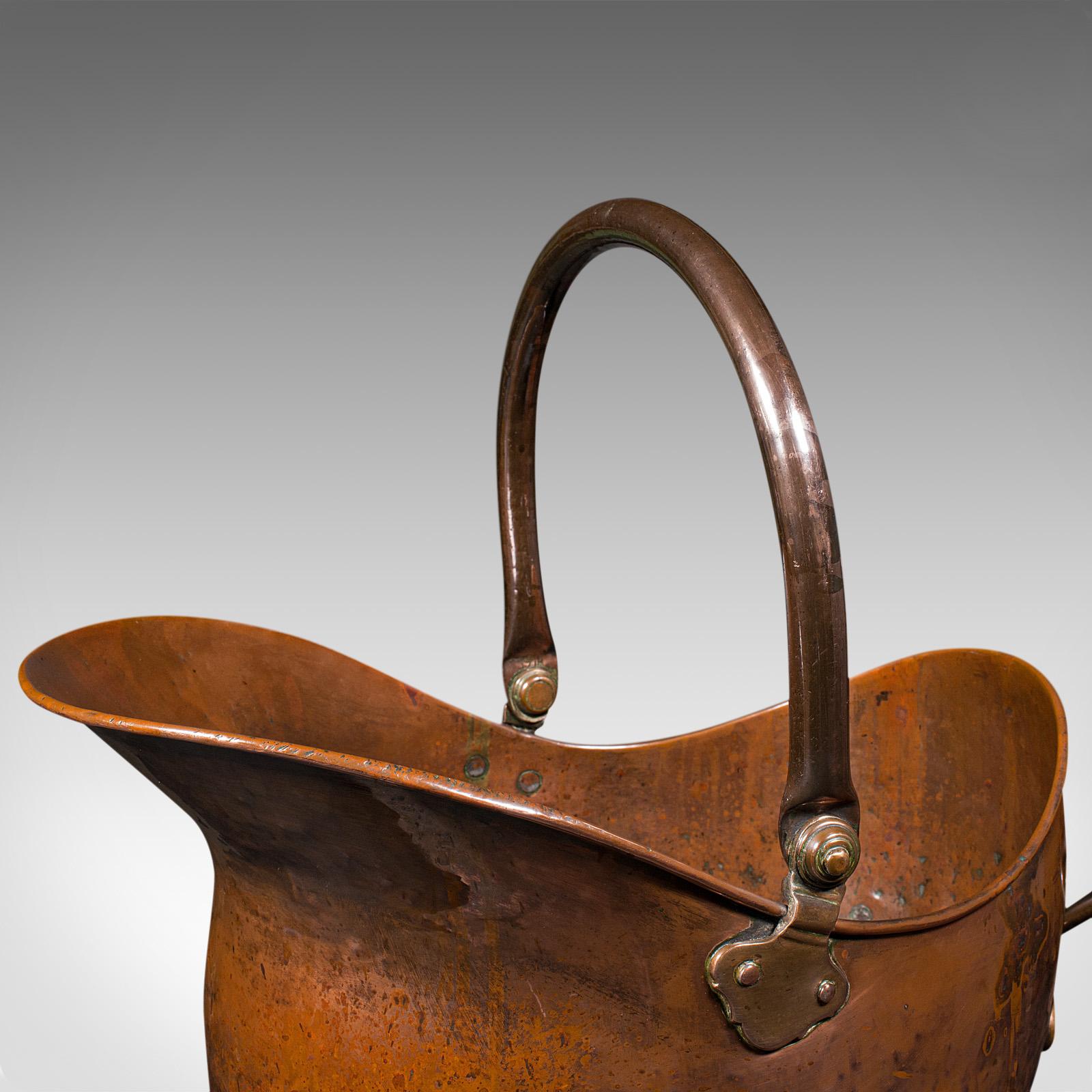 Antique Helmet Scuttle, English, Copper, Coal Bucket, Fireside Bin, Victorian For Sale 1