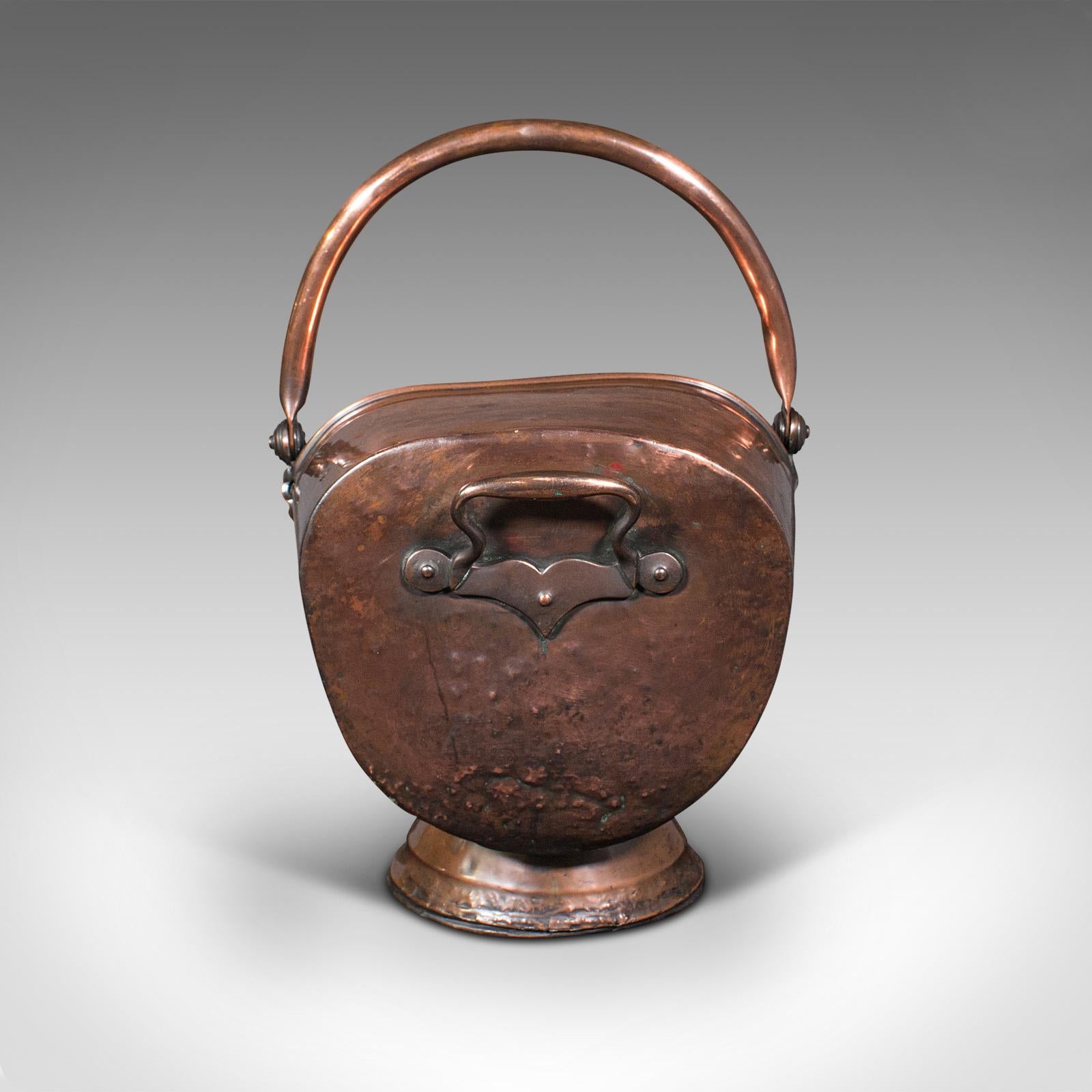 British Antique Helmet Scuttle, English, Copper, Fireside Coal Bucket, Victorian, C.1850 For Sale
