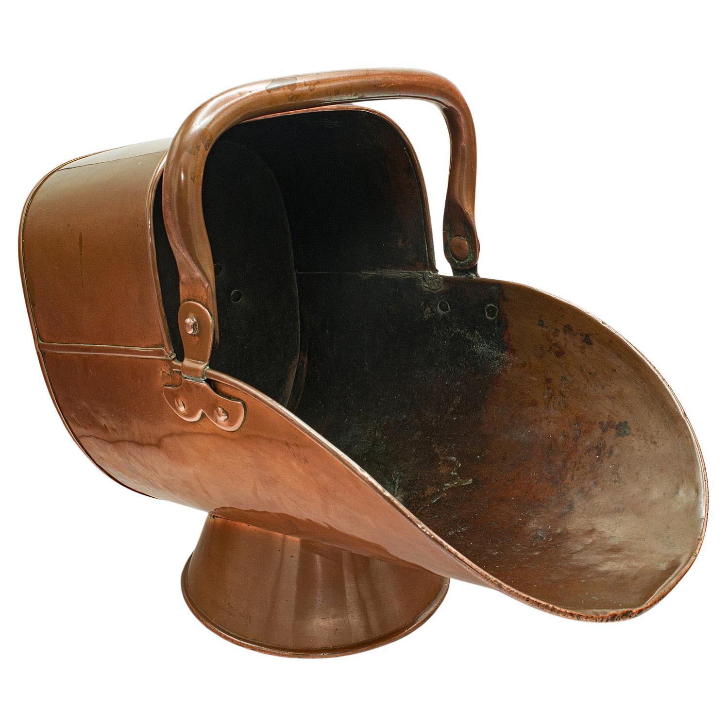 Antique Helmet Scuttle, English, Copper, Fireside, Coal, Log Bucket, Victorian For Sale