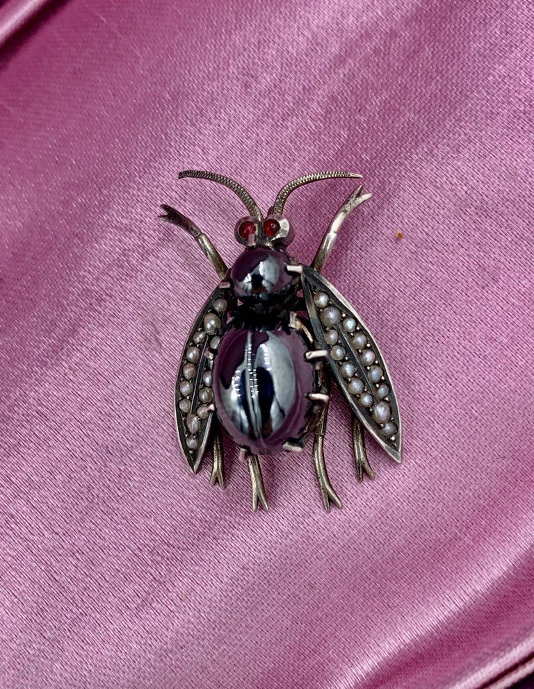 Flying Insect Pendent Antique Hematite Ruby Pearl Fly Bug Insect Pendant Victorian Edwardian ...