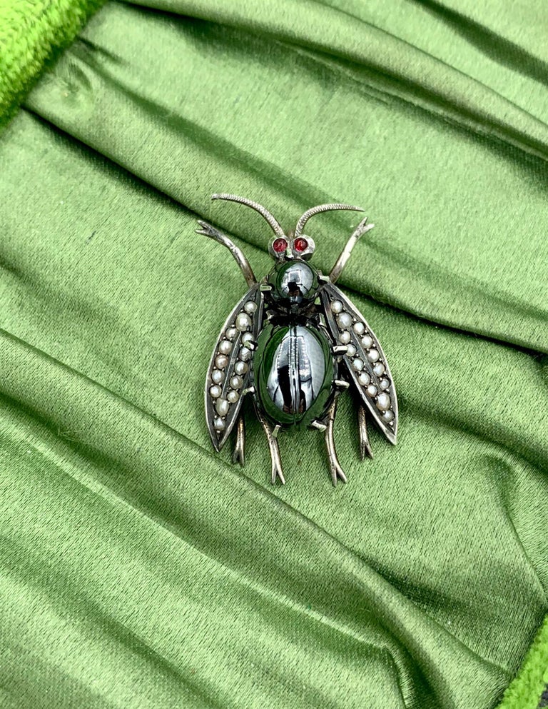 Flying Insect Pendent Antique Hematite Ruby Pearl Fly Bug Insect Pendant Victorian Edwardian ...