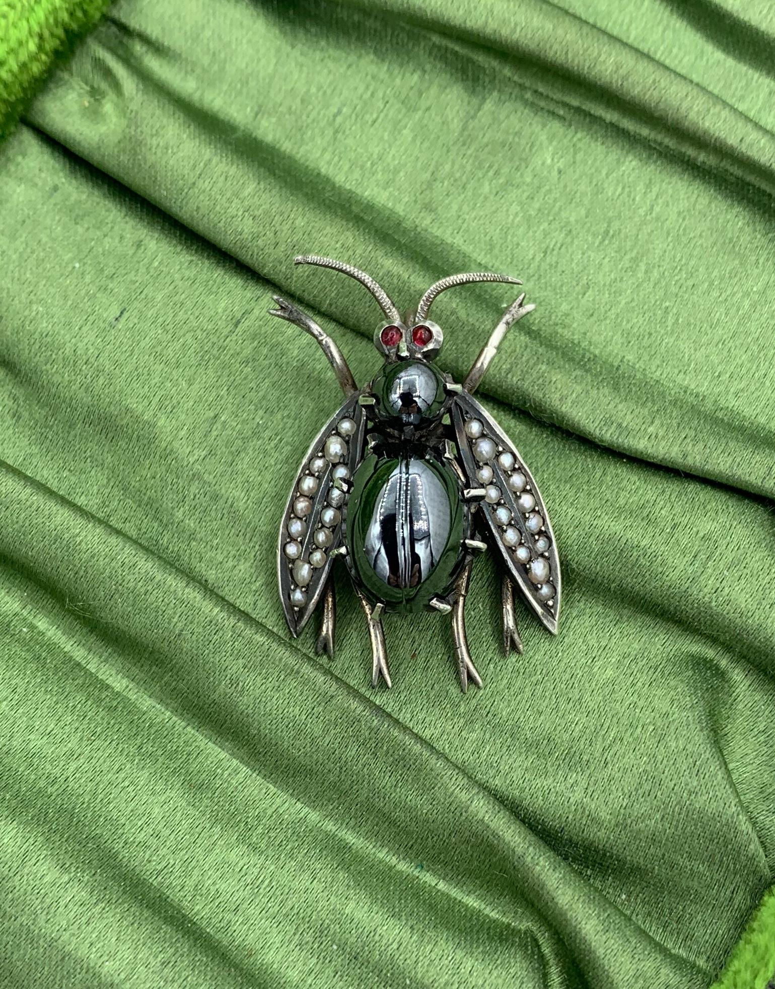 Antique Hematite Ruby Pearl Fly Bug Insect Pendant Victorian Edwardian In Excellent Condition For Sale In New York, NY