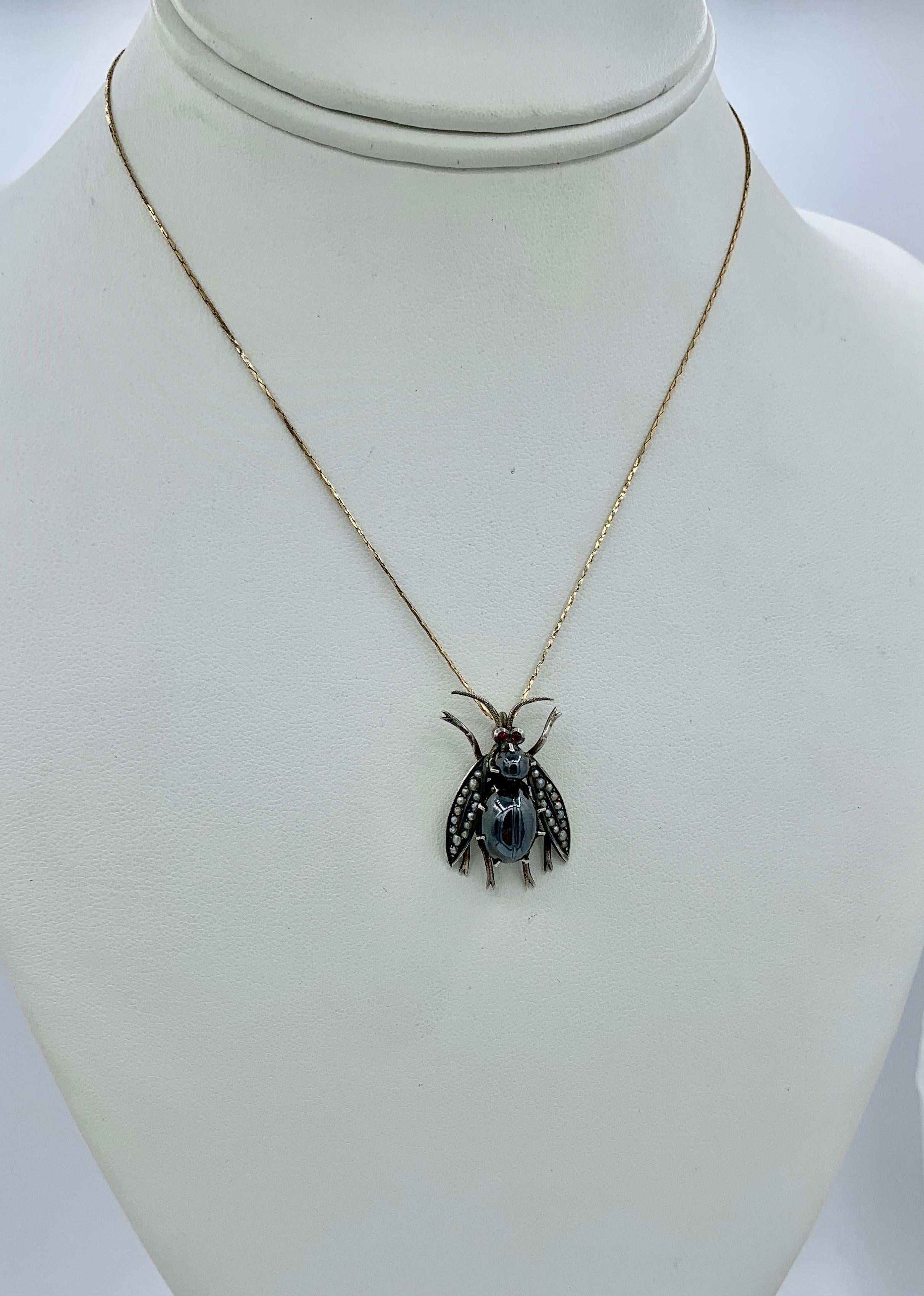 Women's or Men's Antique Hematite Ruby Pearl Fly Bug Insect Pendant Victorian Edwardian For Sale