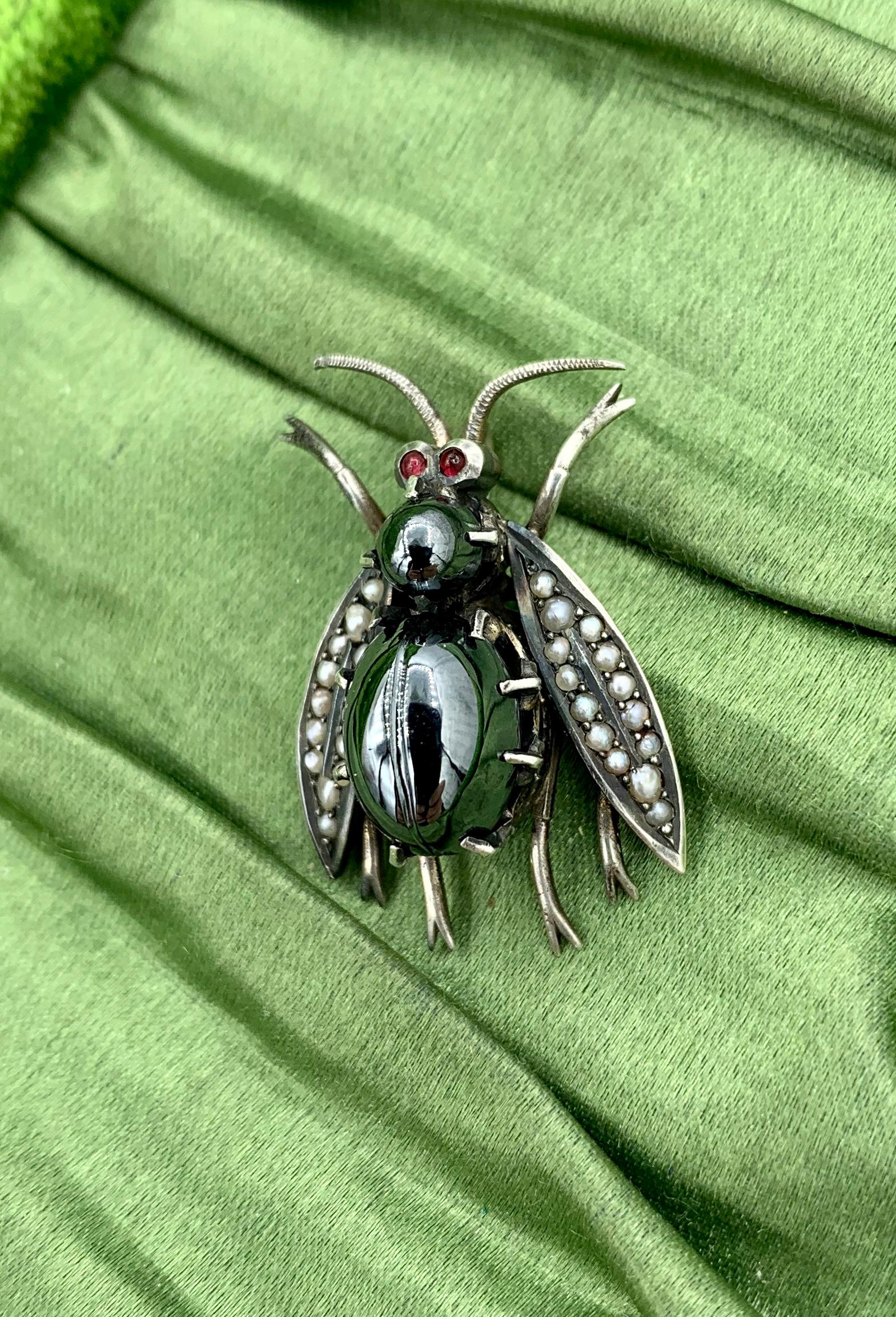 Antique Hematite Ruby Pearl Fly Bug Insect Pendant Victorian Edwardian For Sale 1