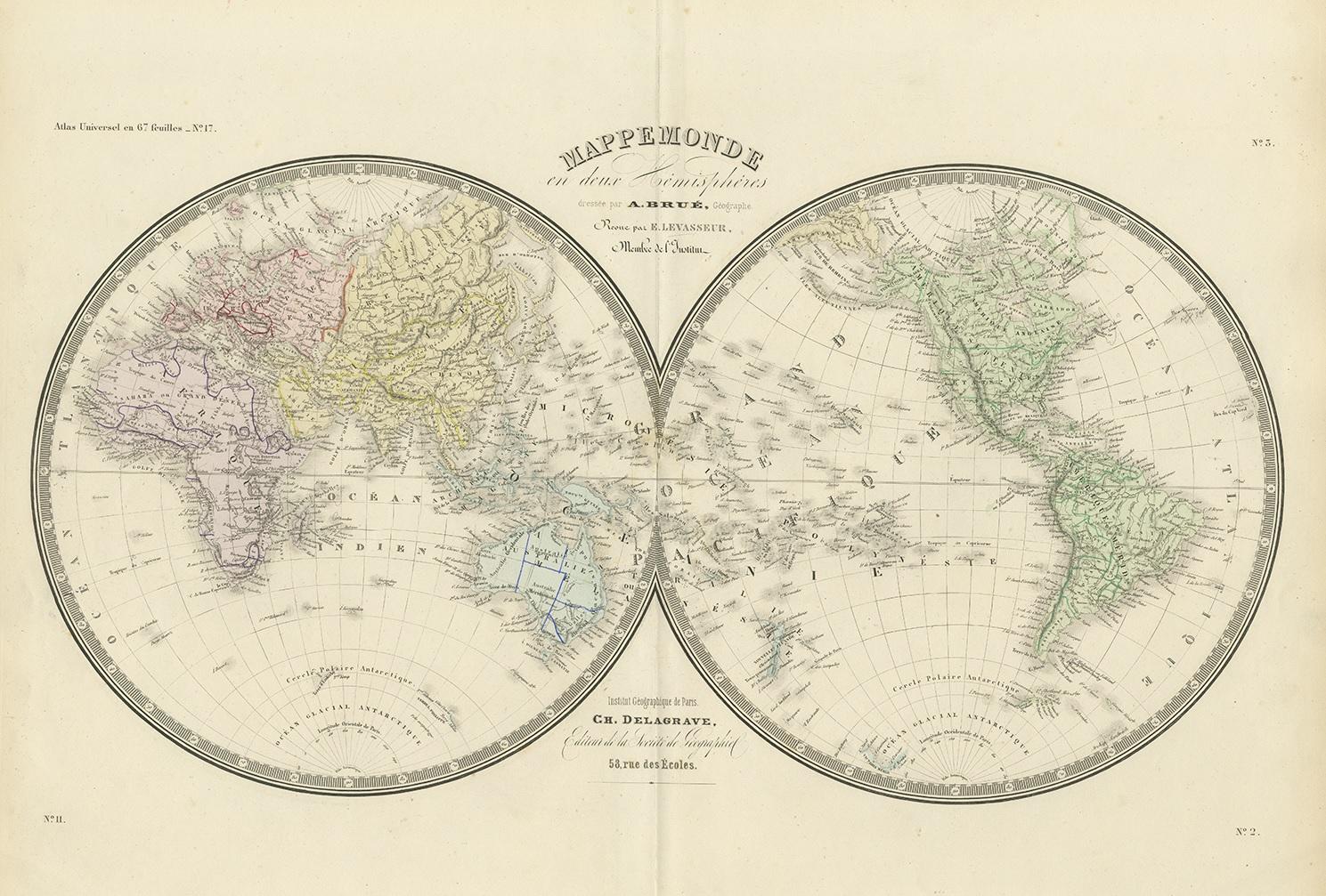 Antique map titled 'Mappemonde en deux Hémisphéres'. Large hemisphere world map. This map originates from 'Atlas de Géographie Moderne Physique et Politique' by A. Levasseur. Published 1875.