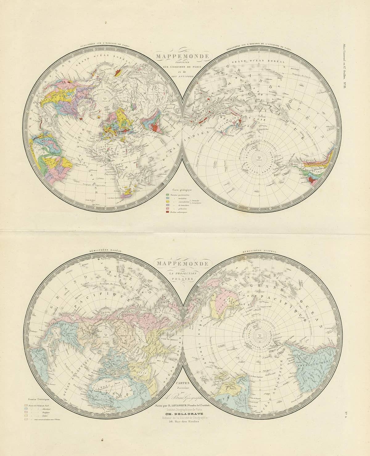 Antique Hemisphere Map of the World 'Two on One Sheet' by Levasseur, '1875'