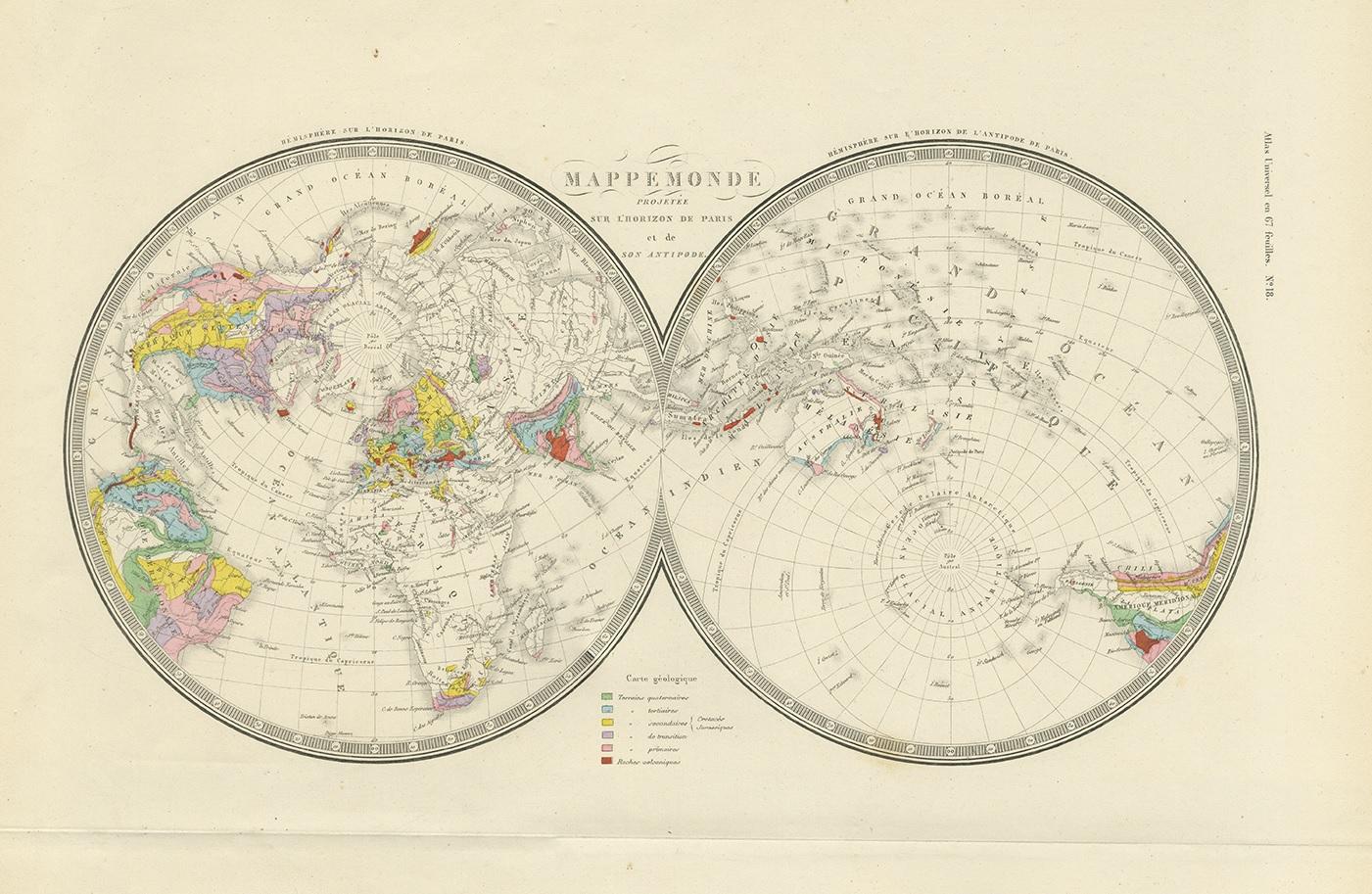 Carte de l'hémisphère du monde ancienne « Two on One Sheet » de Levasseur, 1875 Bon état - En vente à Langweer, NL