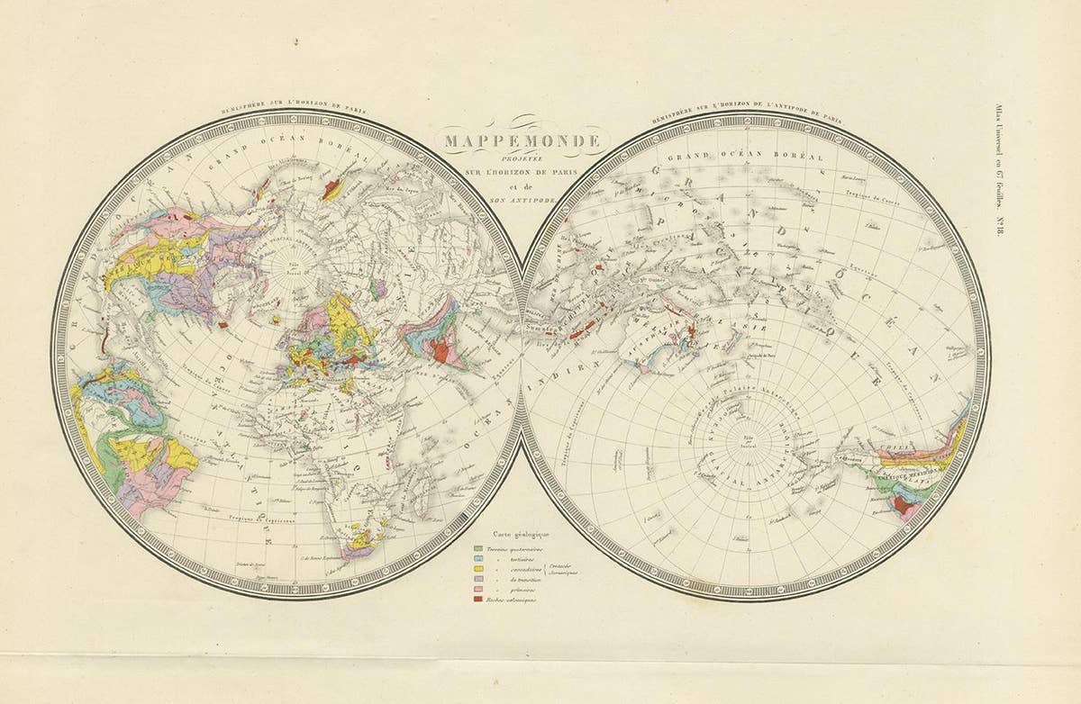 Antique Hemisphere Map of the World 'Two on One Sheet' by Levasseur, '1875'