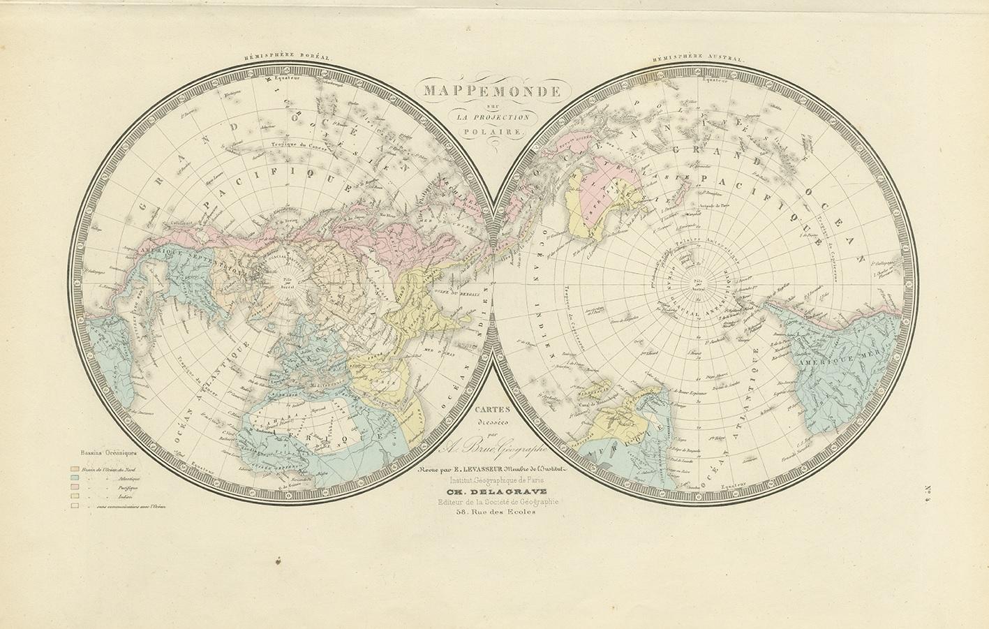 XIXe siècle Carte de l'hémisphère du monde ancienne « Two on One Sheet » de Levasseur, 1875 en vente