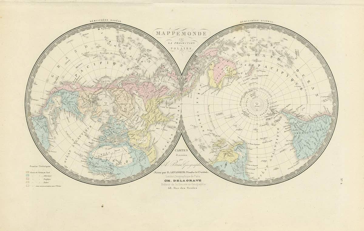 Antique Hemisphere Map of the World 'Two on One Sheet' by Levasseur, '1875'