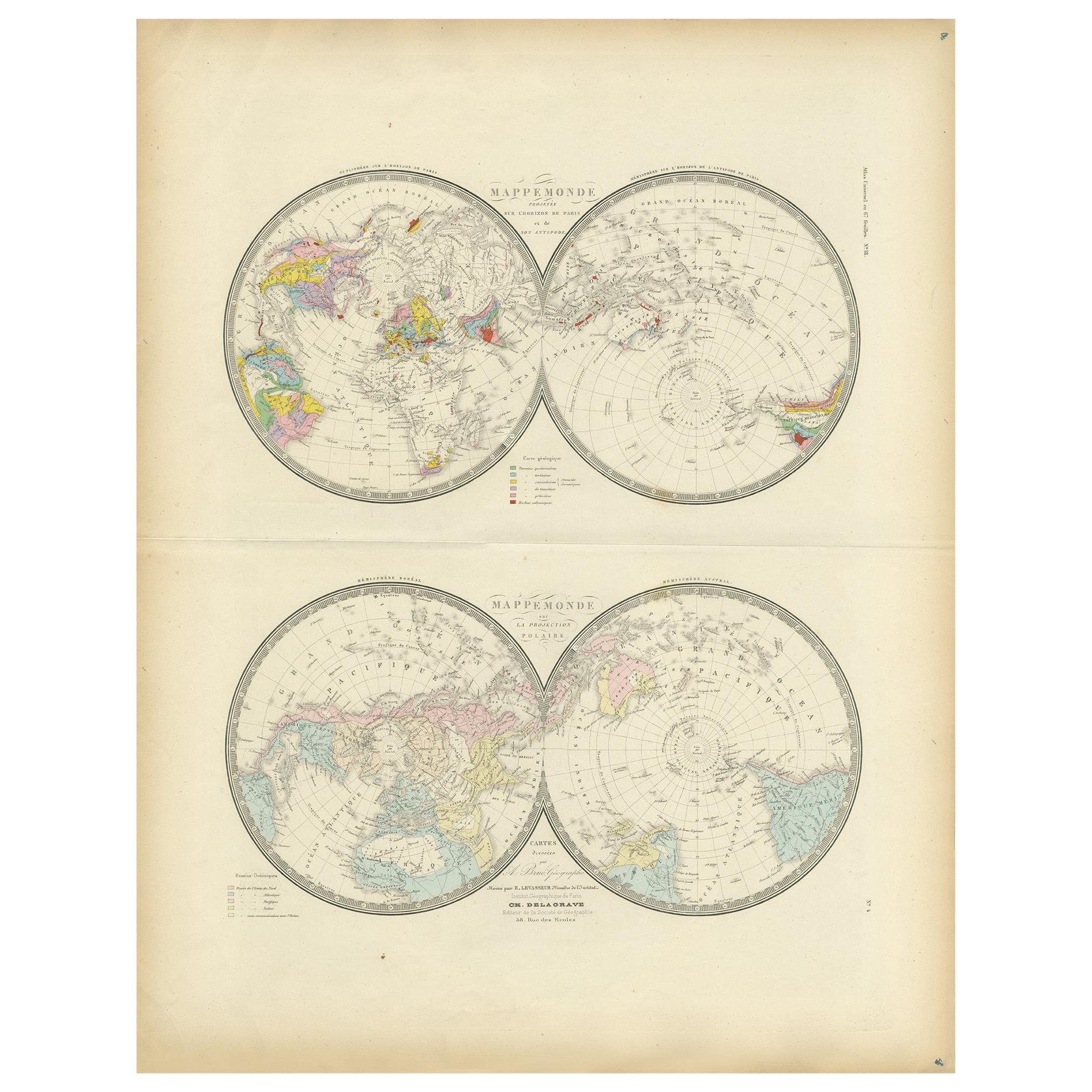 Antike Hemisphärekarte der Welt „Two on One Sheet“ von Levasseur, 1875