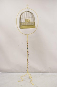 Antike Hendryx Art Nouveau Schmiedeeisen Vogelkäfig & Stand mit Blumen und Reben