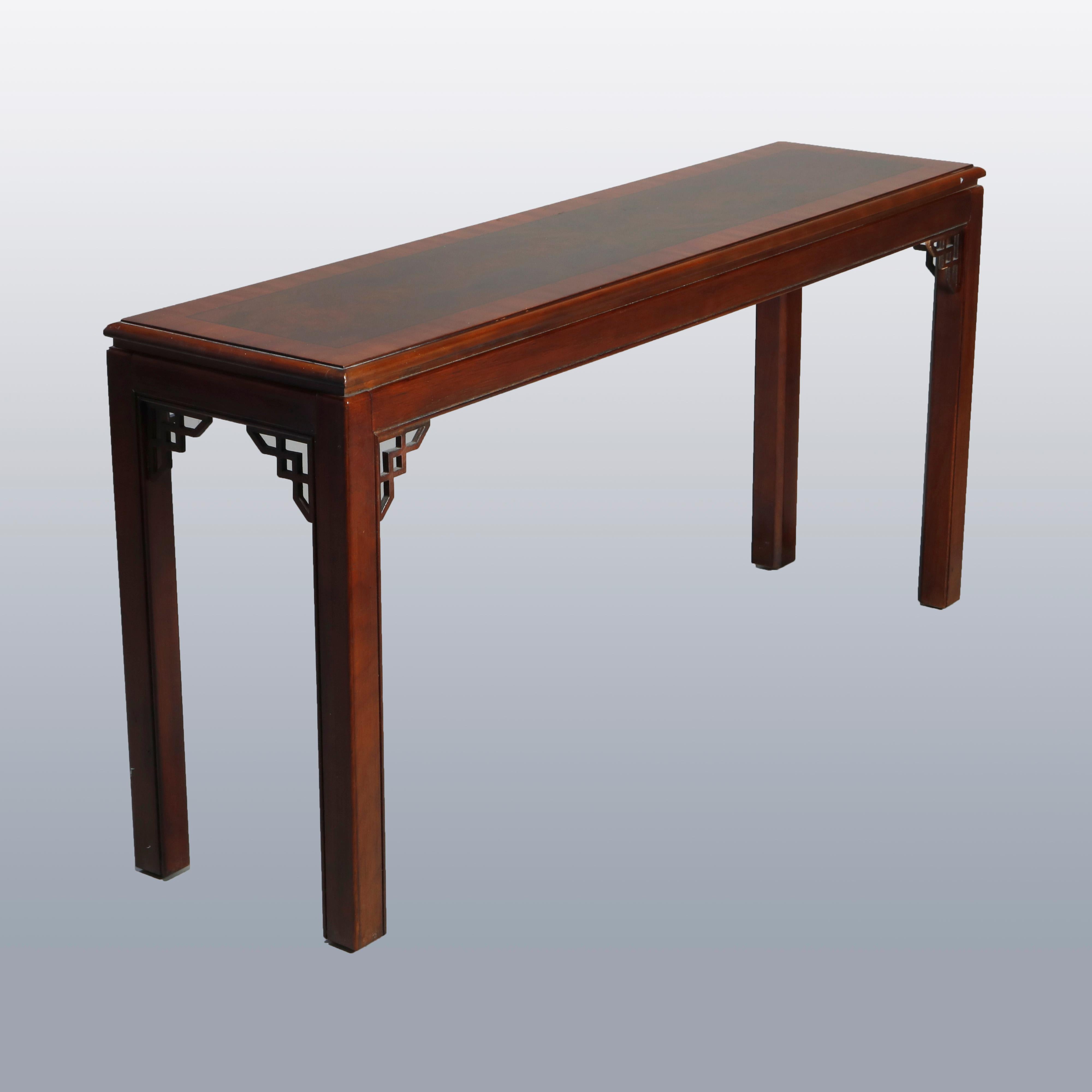 Burl Antique Chinese Chippendale Mahogany Crossbanded Console Table by Drexel, 20th C