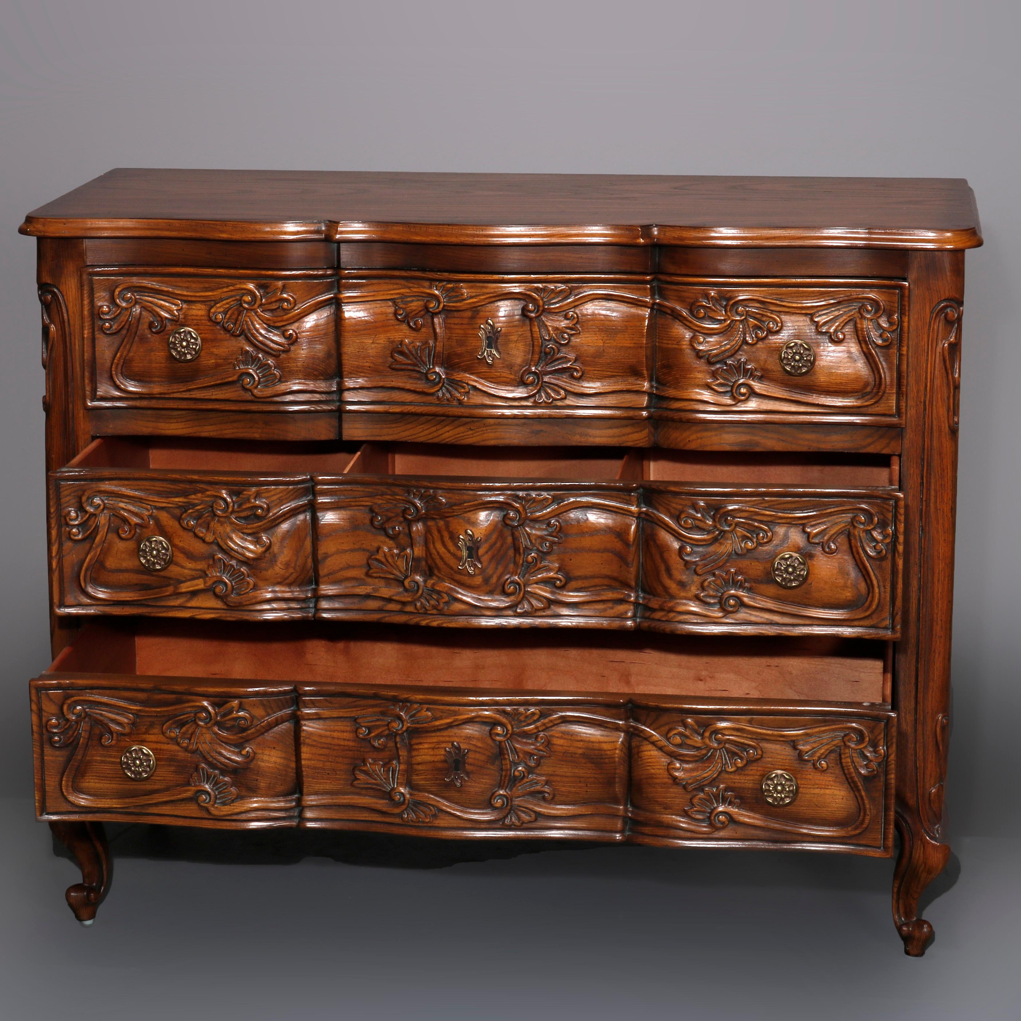 Metal Henredon Oak French Louis XIV Style Carved Swell Front Commode, 20th Century