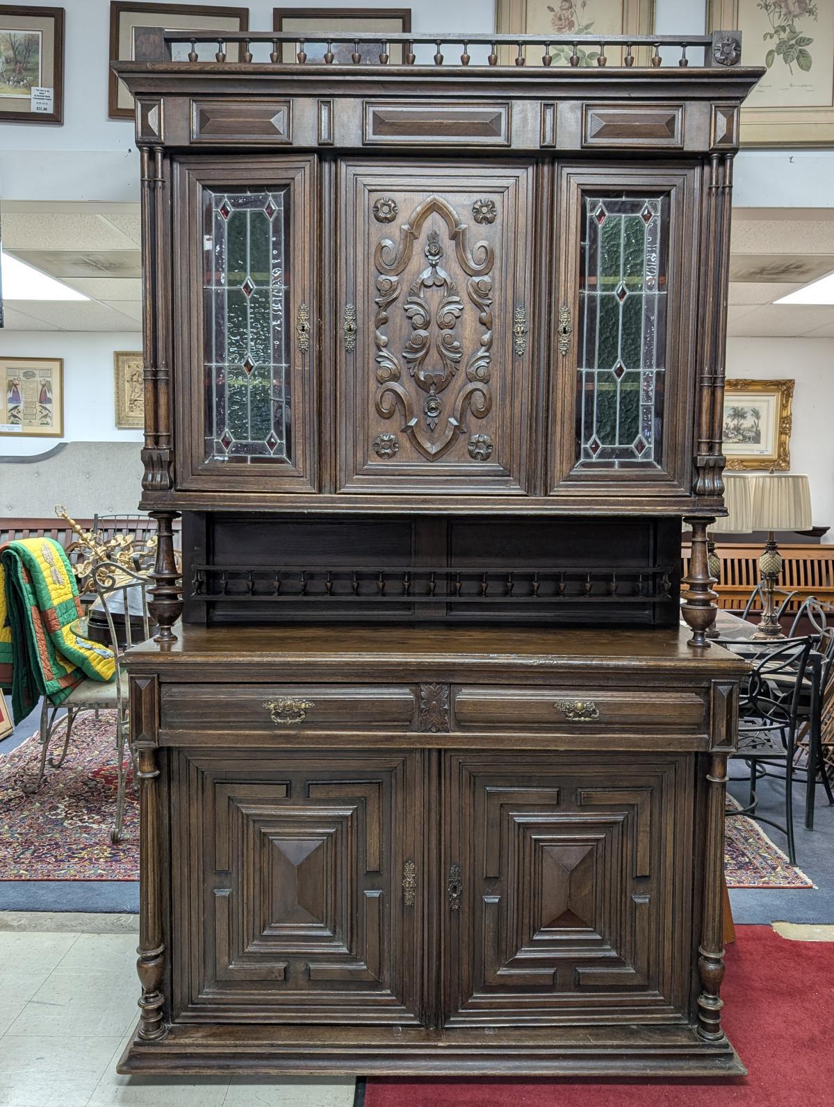 Antico buffet intagliato Henri II, credenza, Stained Glass, Oak, 96,5 