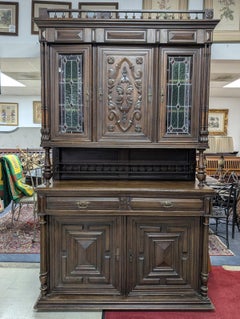 Antique Henri II Carved Oak Buffet, Cupboard, Stained Glass