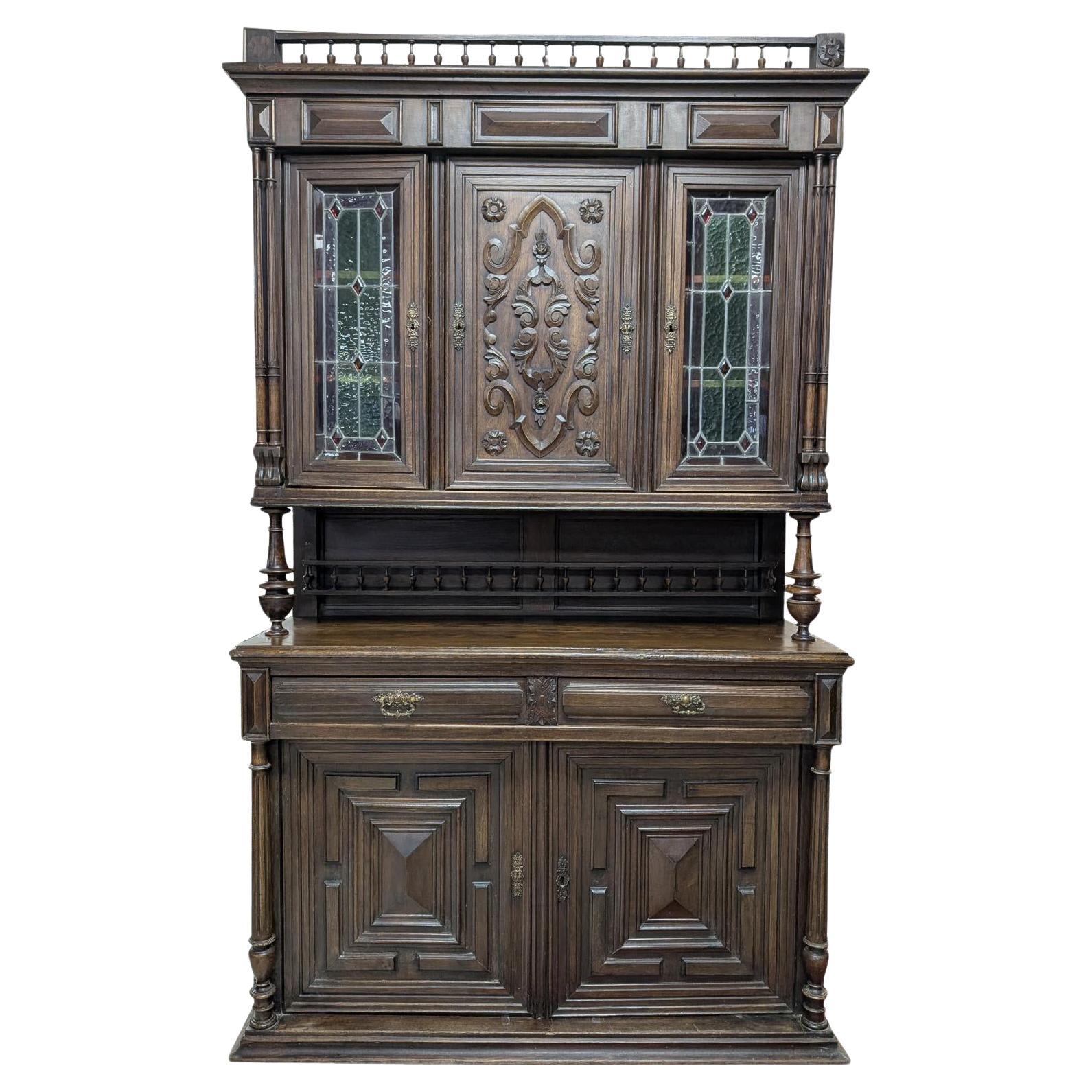 Antique Henri II Carved Oak Buffet, Cupboard, Stained Glass