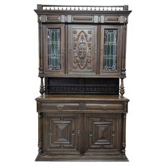 Antikes geschnitztes Eichenholz-Buffet, Schrank, Glasmalerei, Henri II.-Stil