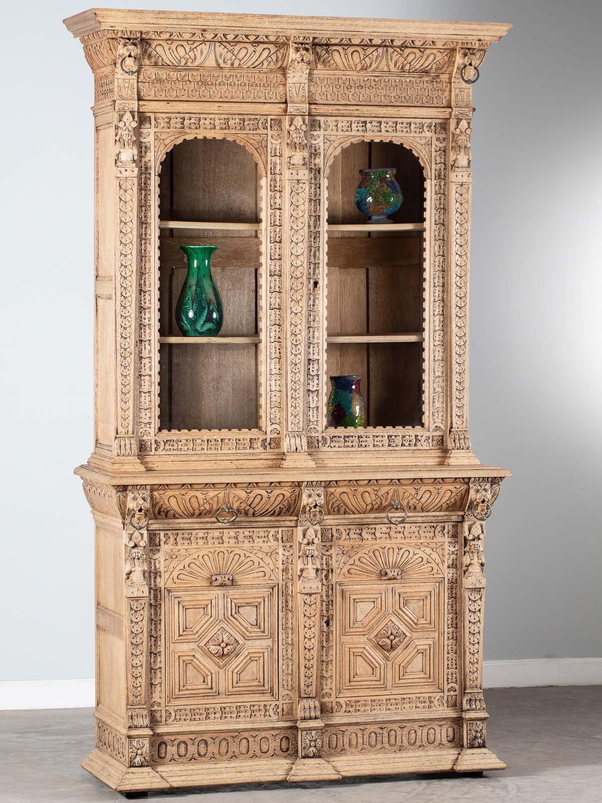 Renaissance Revival Antique Henri II Style French Oak Bookcase Display Cabinet Bibliothèque, 1880 For Sale