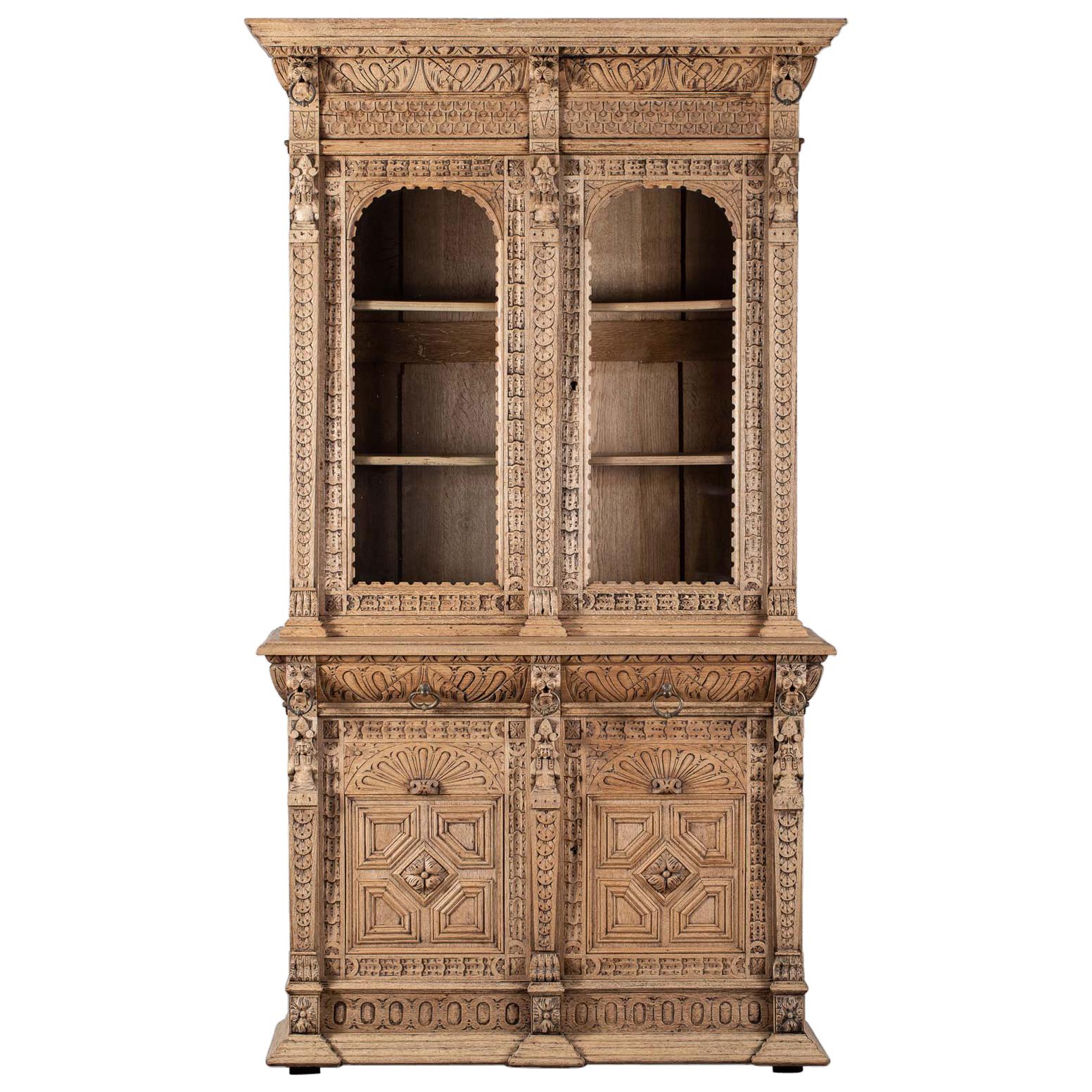 Antique Henri II Style French Oak Bookcase Display Cabinet Bibliothèque, 1880 For Sale