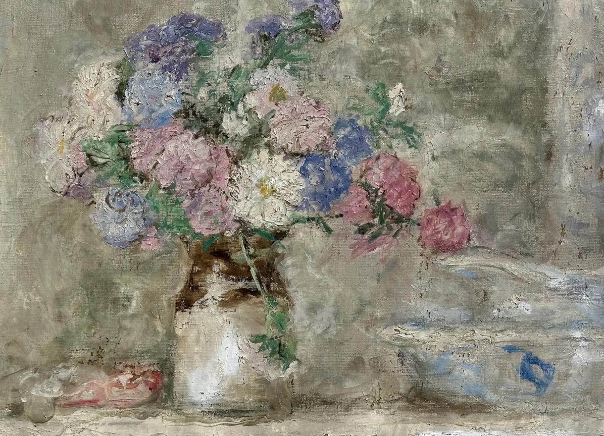 Antique Henry Dezire French Impressionist Oil Painting Still Life Vase of Flowers c.1929