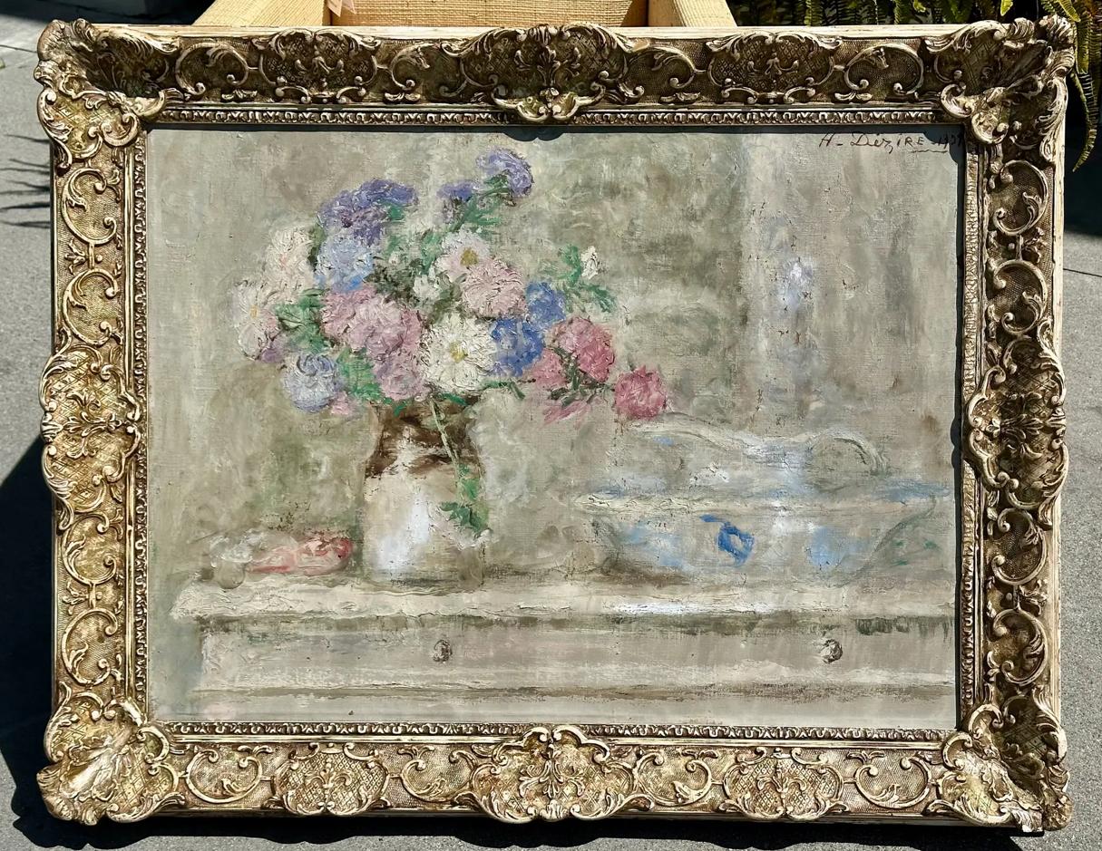 Antique Henry Dezire French Impressionist Oil Painting Still Life Vase of Flower In Good Condition For Sale In LOS ANGELES, CA