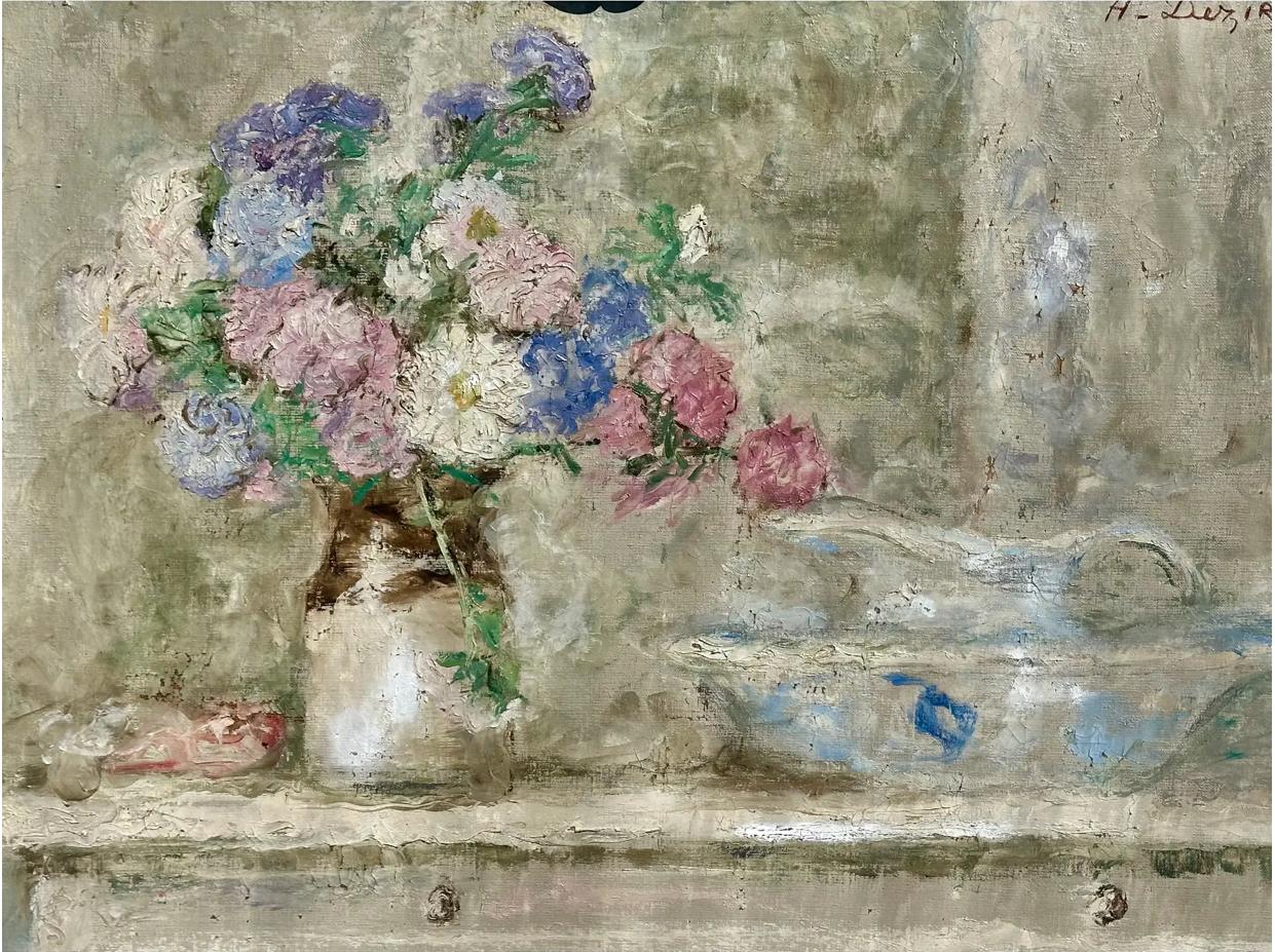 Canvas Antique Henry Dezire French Impressionist Oil Painting Still Life Vase of Flower For Sale