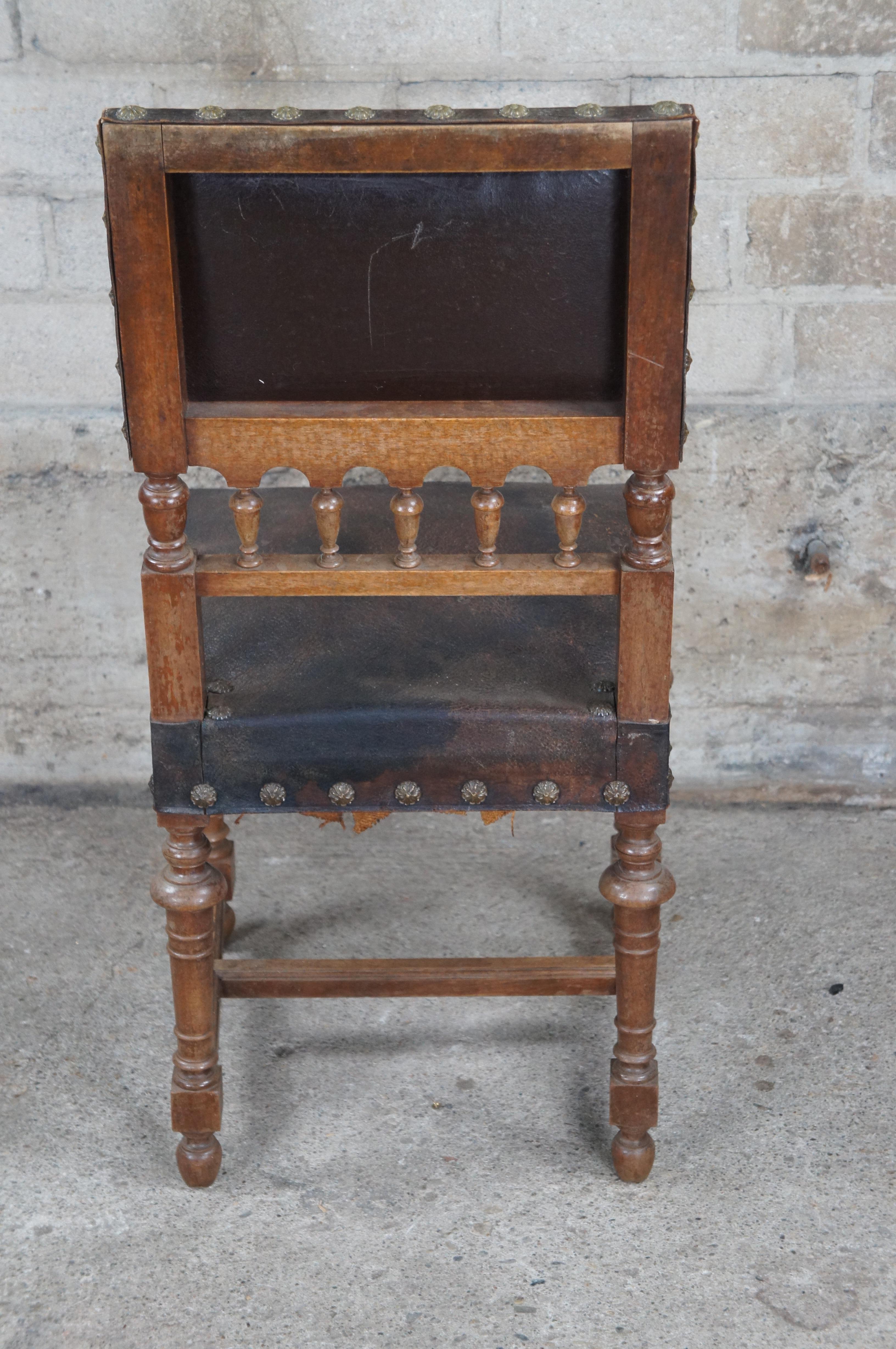 Antique Henry II Carved Walnut Upholstered Leather Dining Side Accent Chair For Sale 5