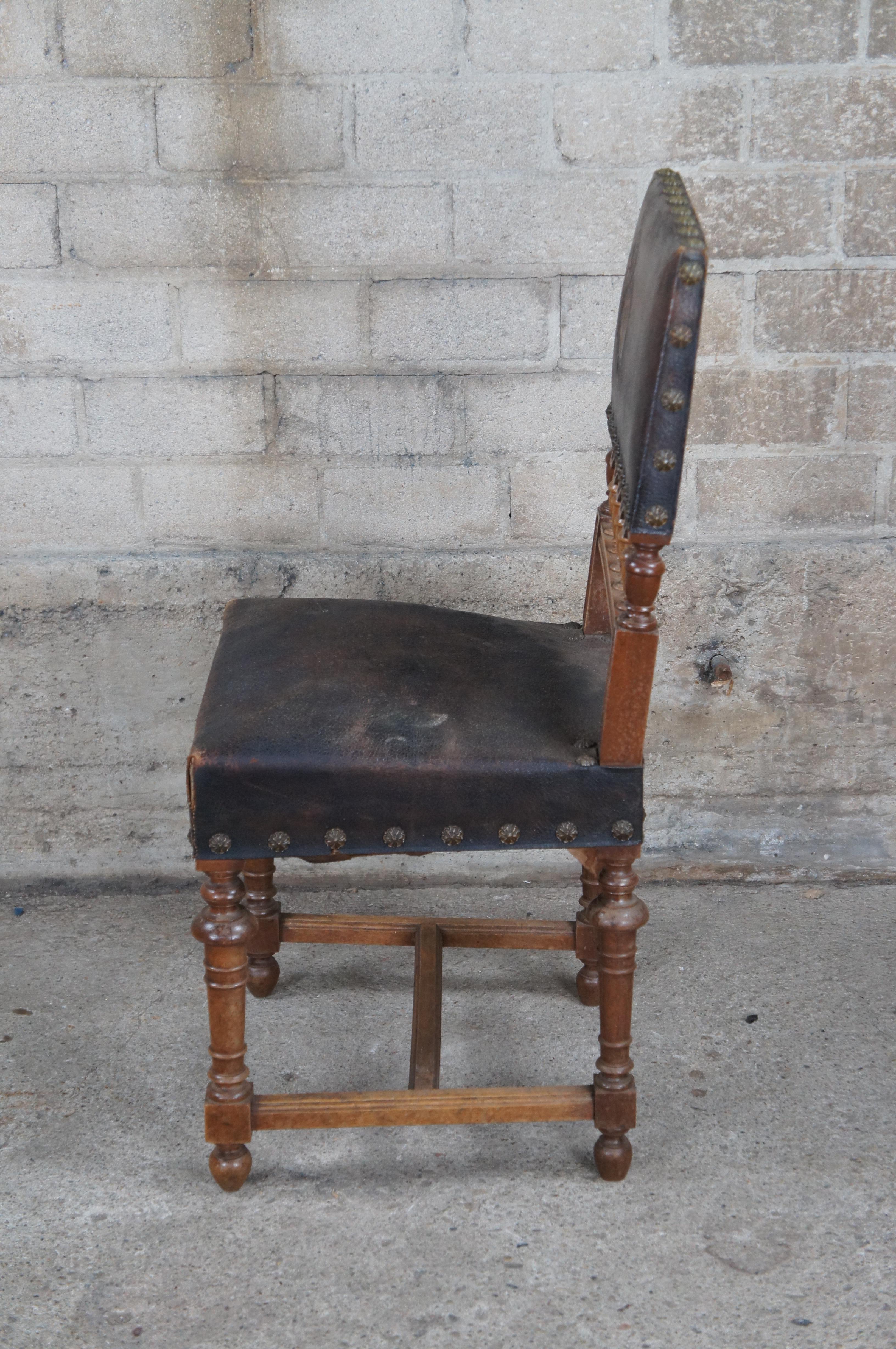 Antique Henry II Carved Walnut Upholstered Leather Dining Side Accent Chair For Sale 6